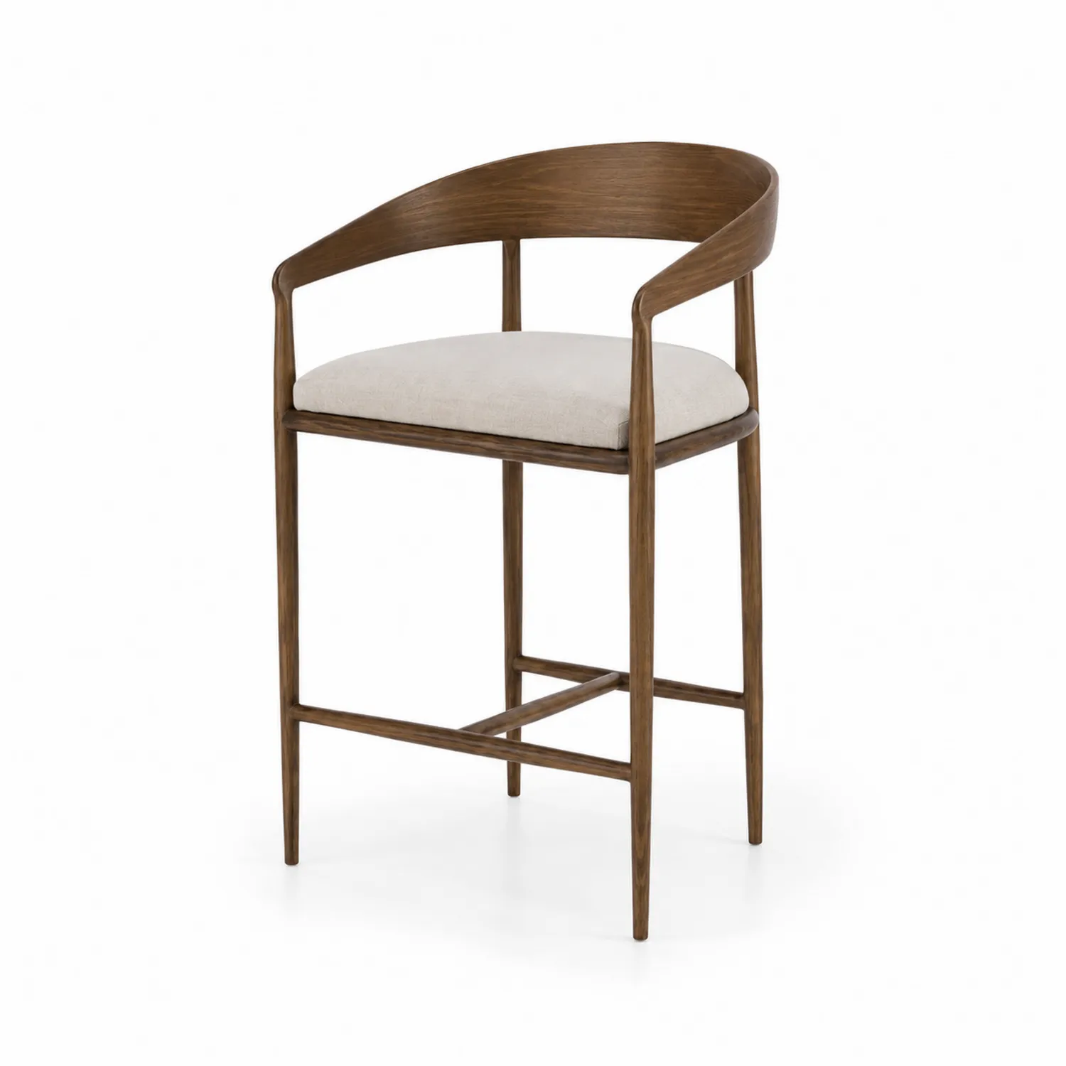 Sgabello da Bar in Legno con Seduta in Tessuto Beige