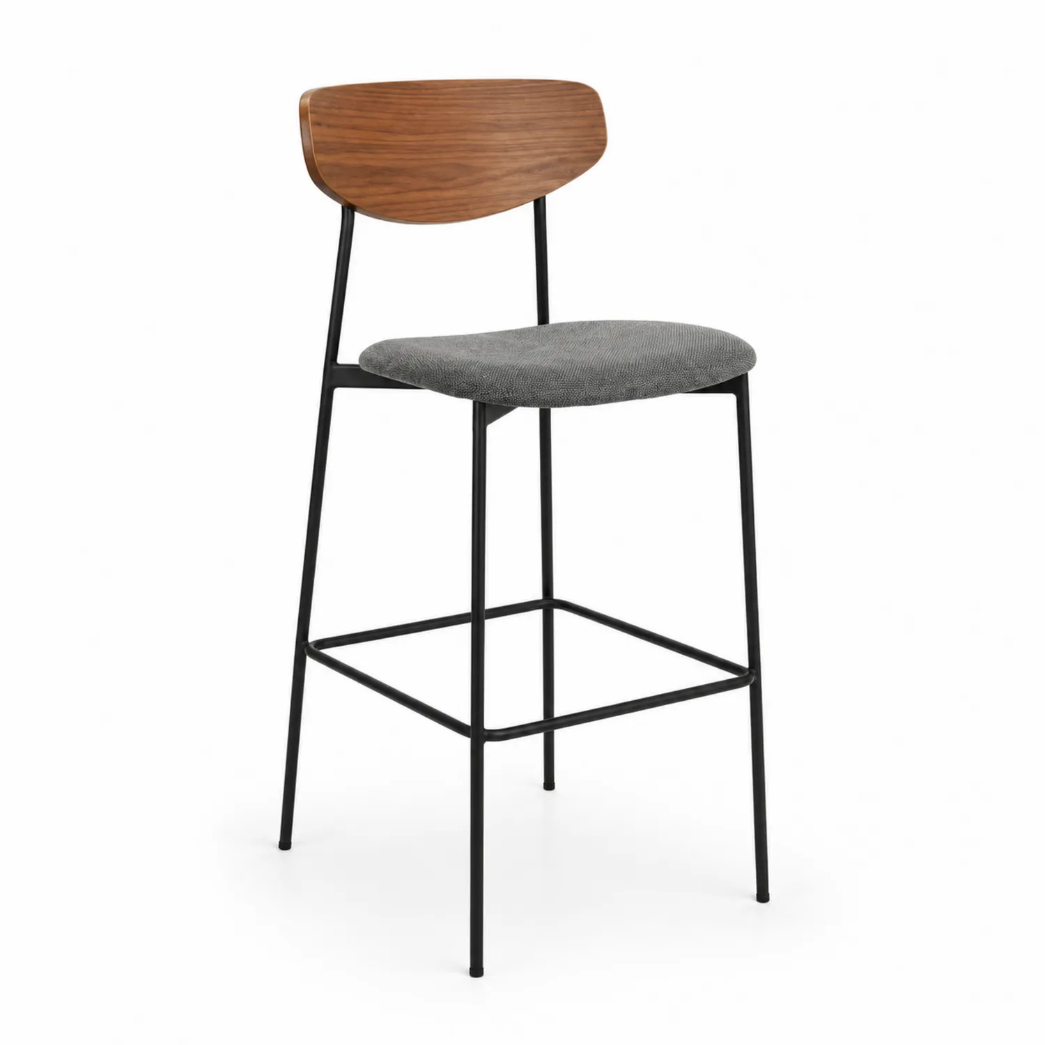 Sgabello in tessuto grigio e legno con struttura in metallo nero