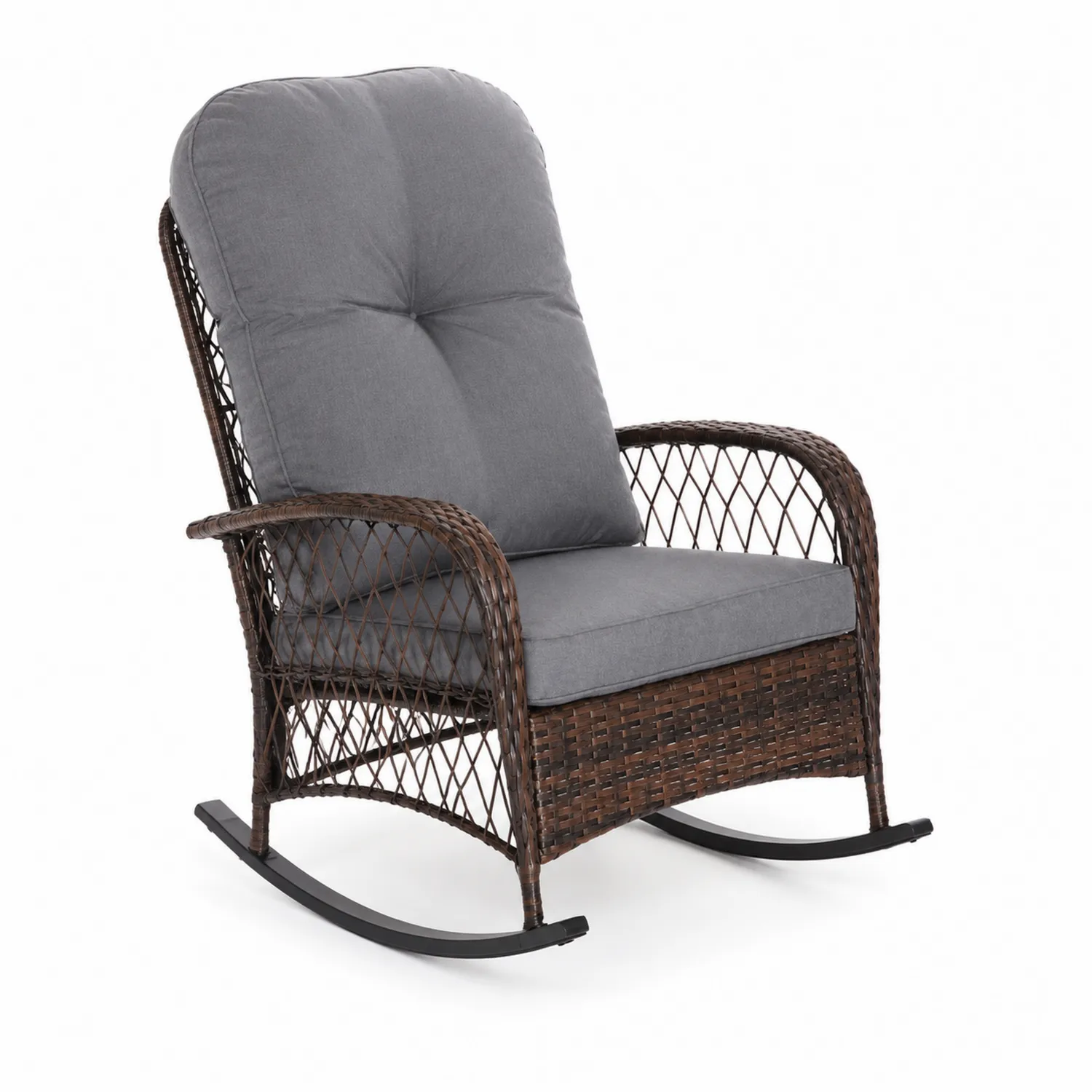 Sedia a dondolo in rattan marrone con cuscino grigio