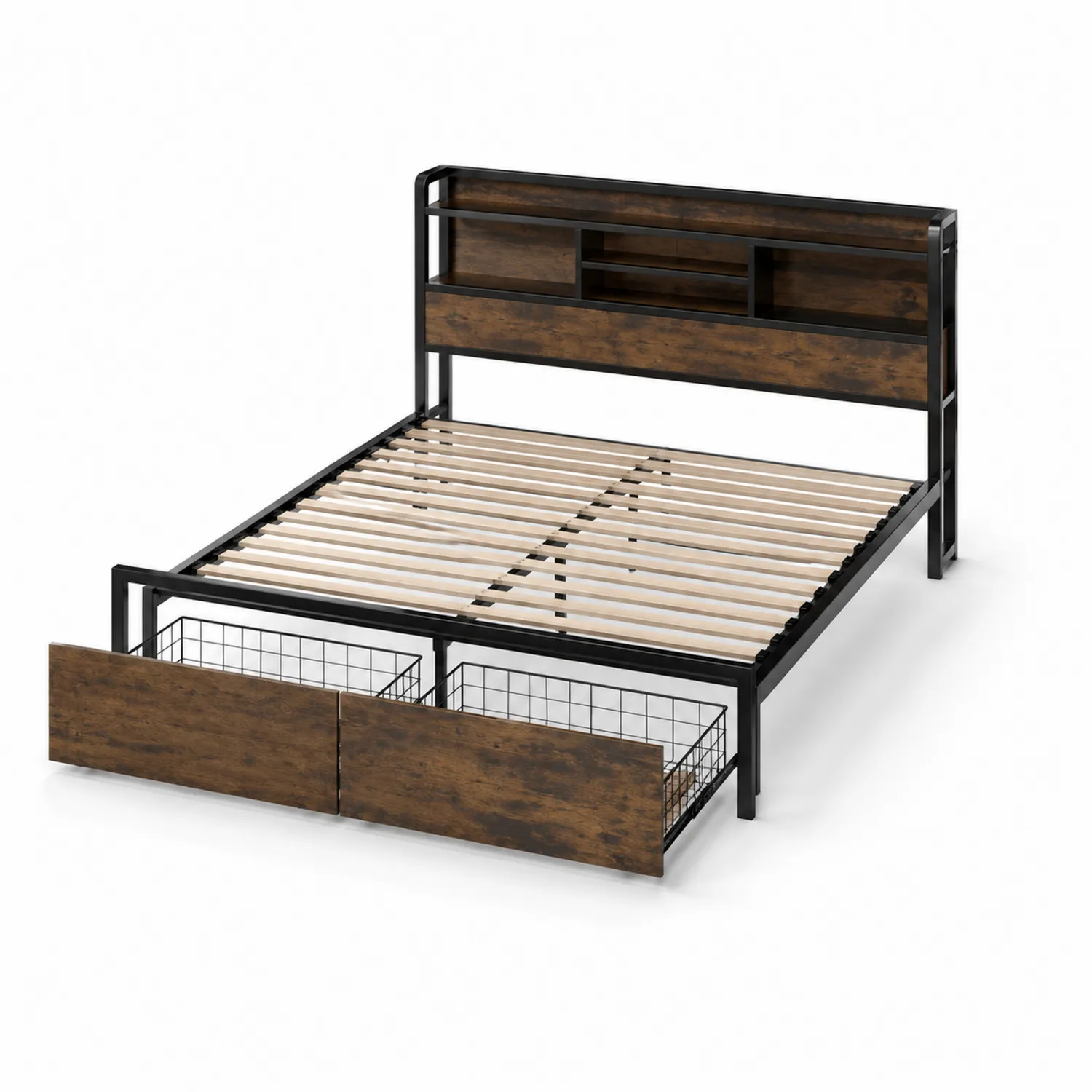 Letto Matrimoniale in Metallo e Legno con Cassetti 160x200 cm