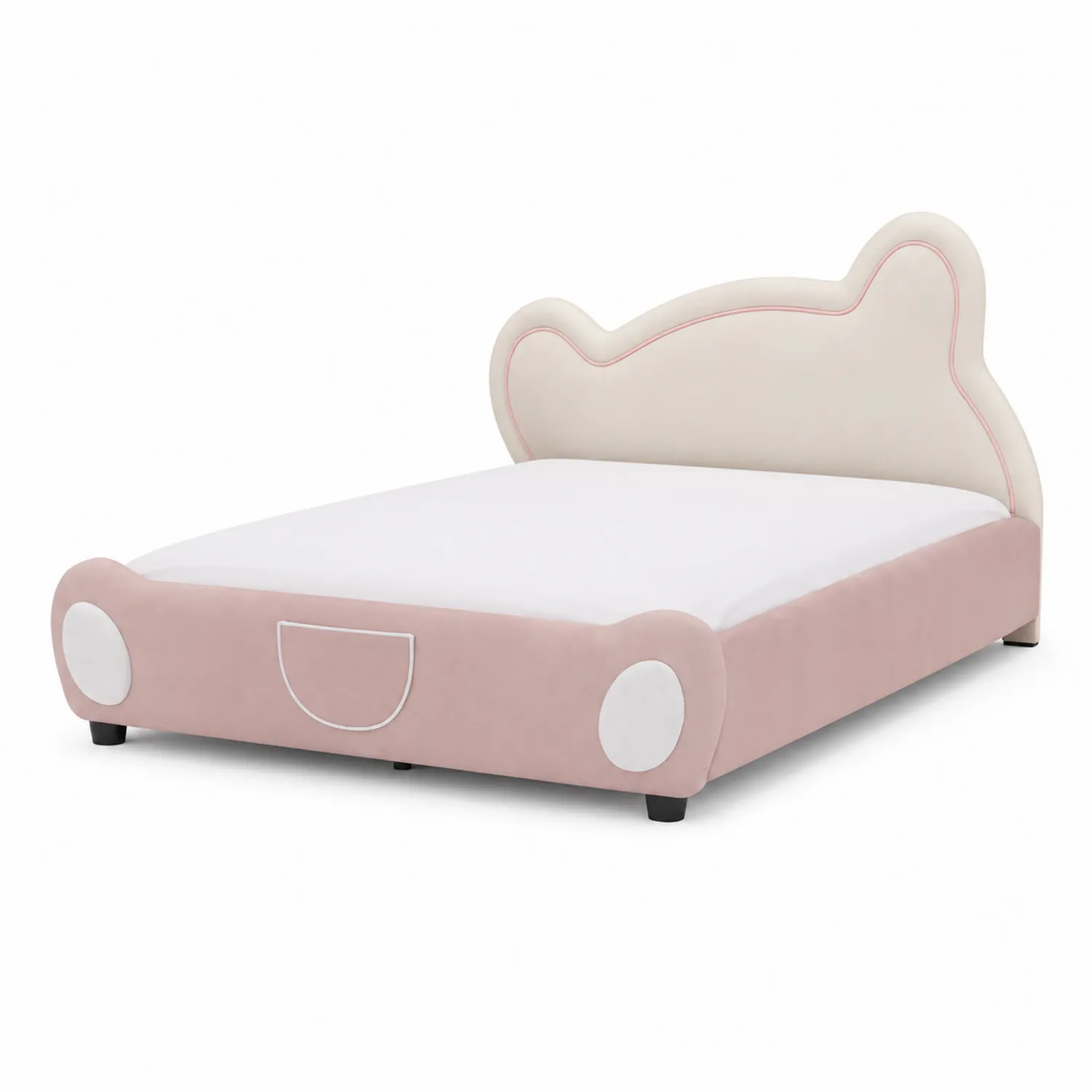 Letto per bambini in tessuto rosa e beige con testiera a forma di orso