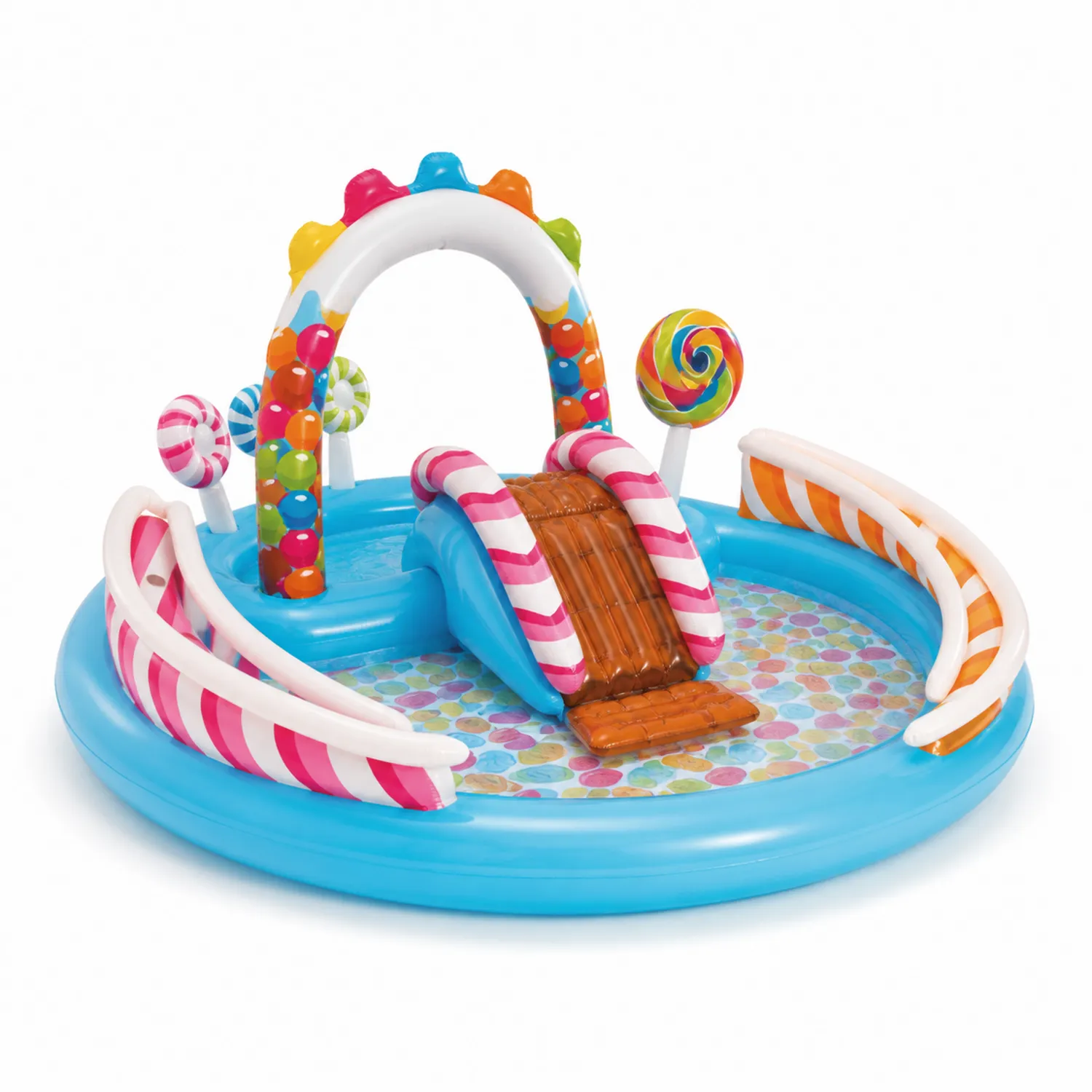 Piscina gonfiabile multicolore per bambini con scivolo a tema caramelle