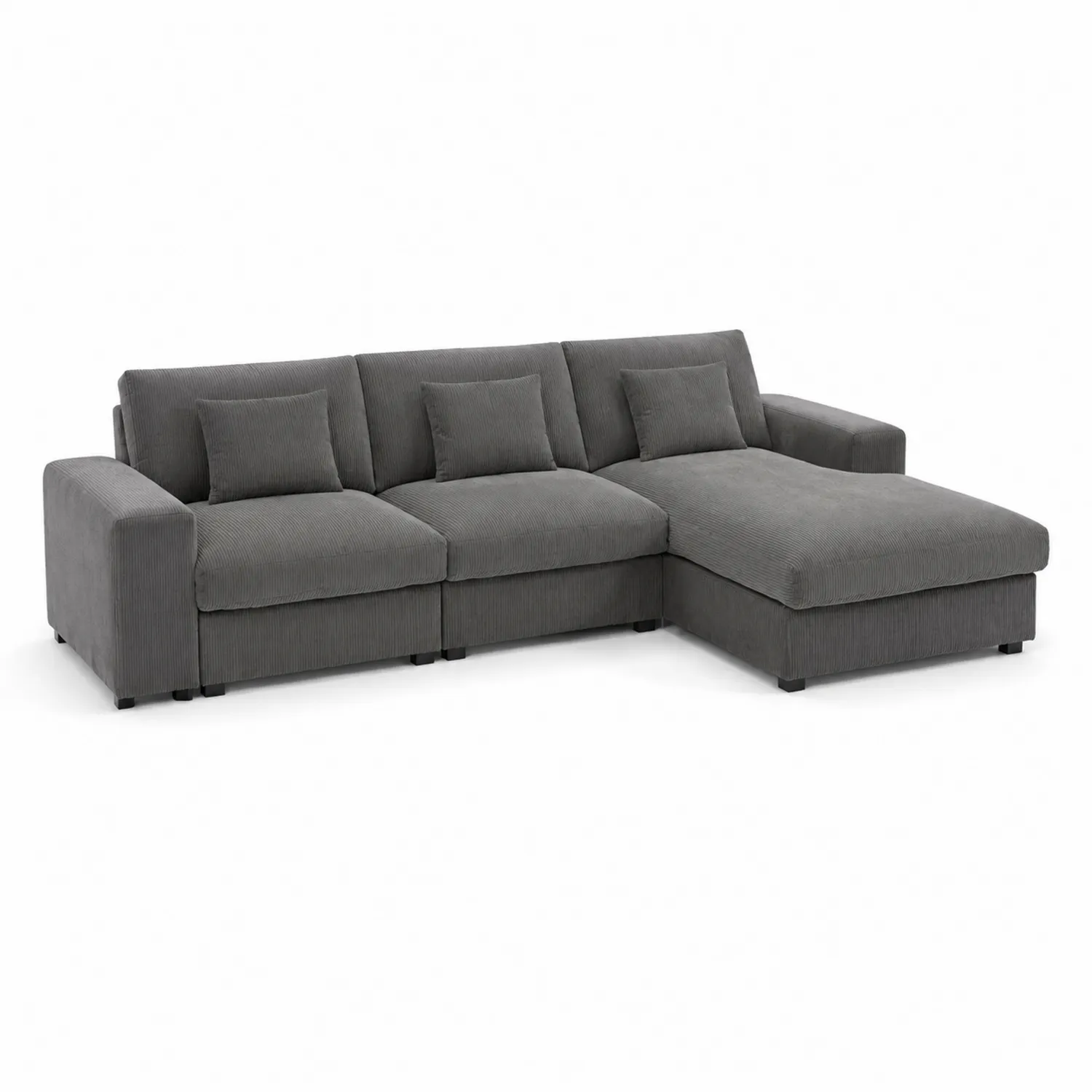Divano angolare modulare in tessuto a coste grigio scuro con chaise longue
