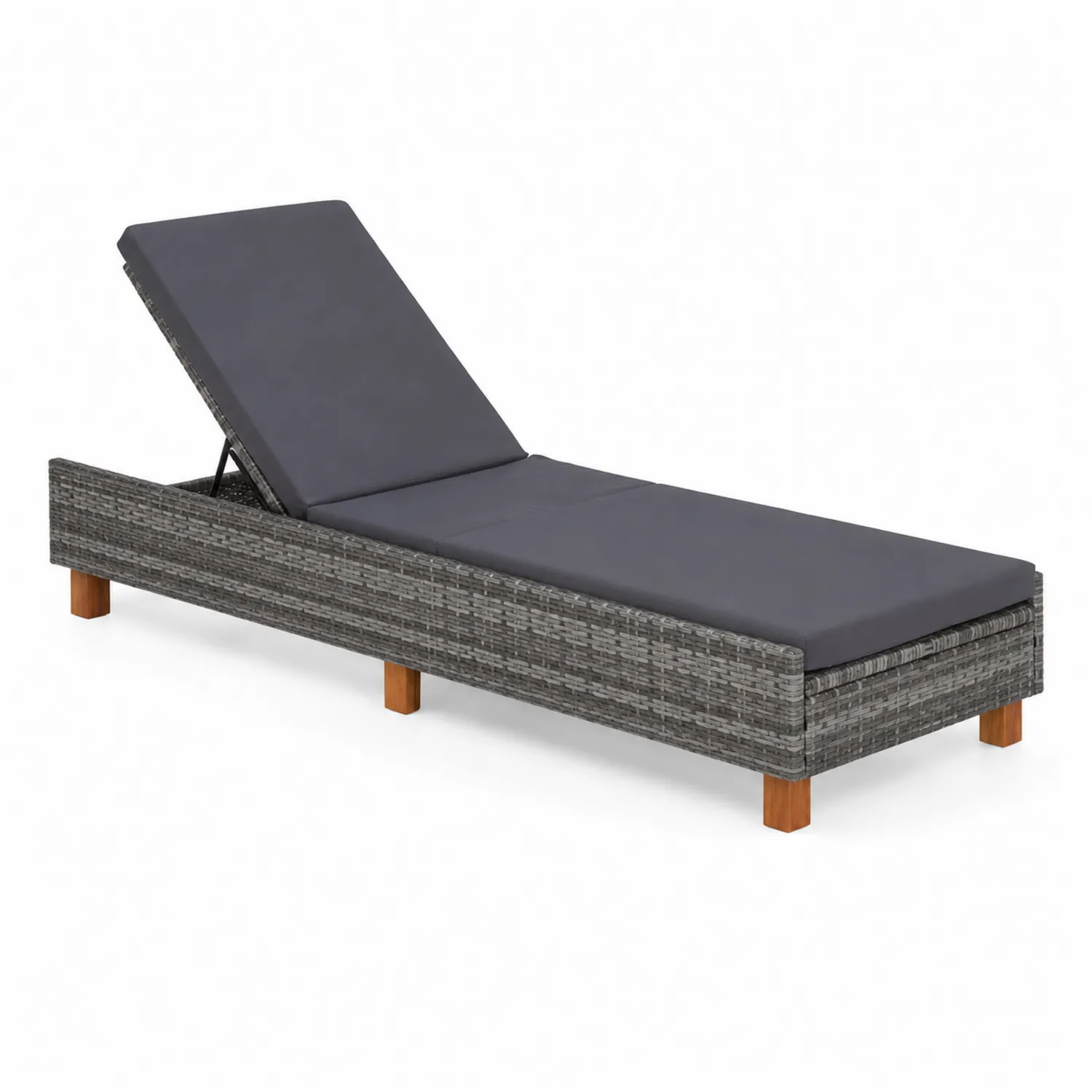 Lettino Prendisole in Rattan Sintetico Grigio con Gambe in Legno e Cuscino Regolabile