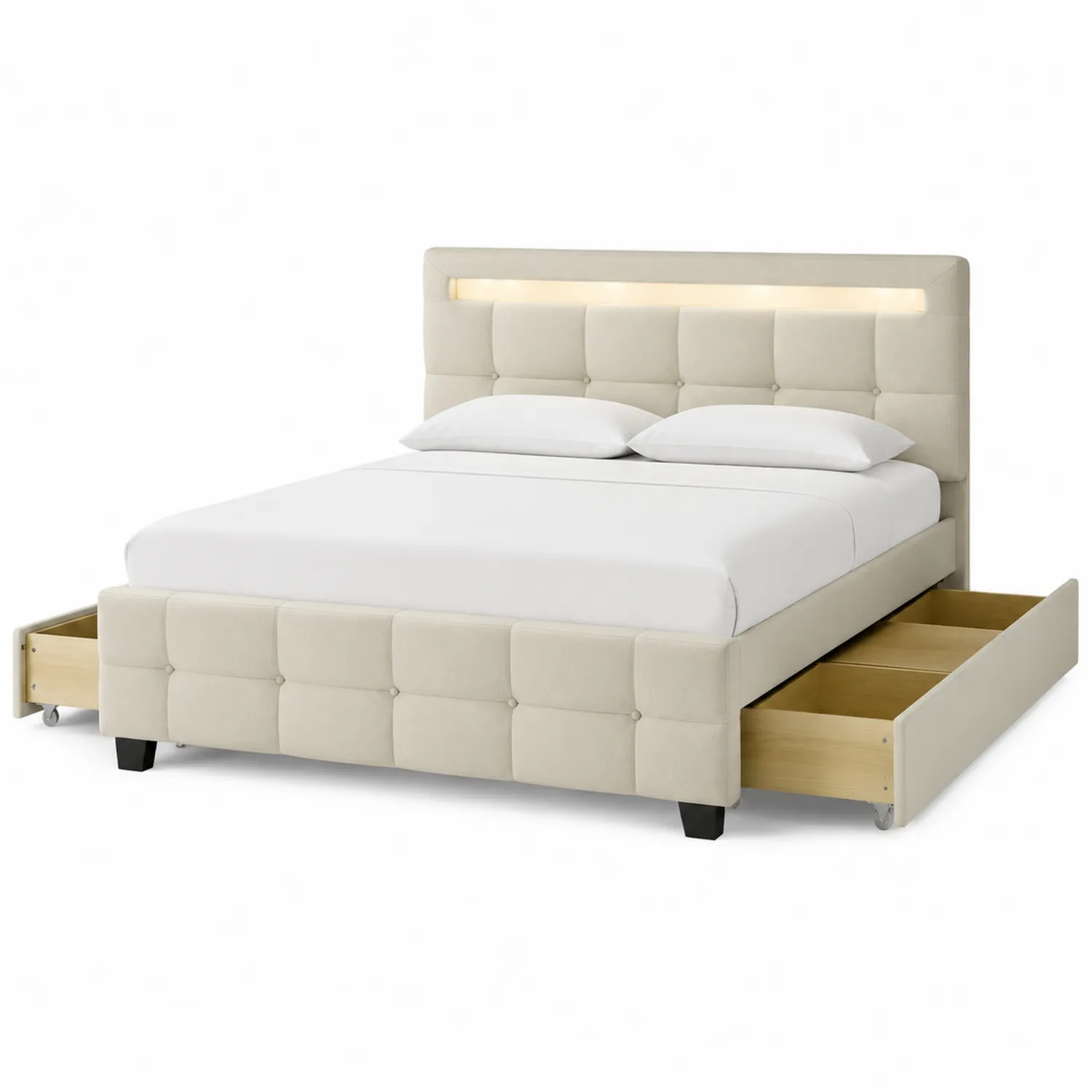 Letto matrimoniale in tessuto poliestere beige con cassetti e illuminazione LED-Veltidorin