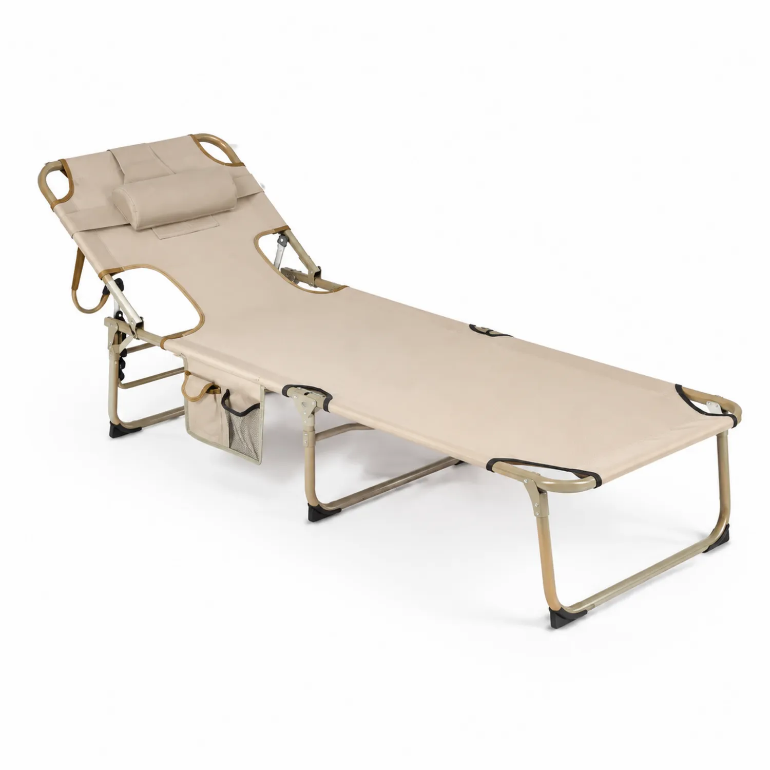 Lettino prendisole pieghevole in metallo beige con tessuto in poliestere e cuscino-Veltidorin