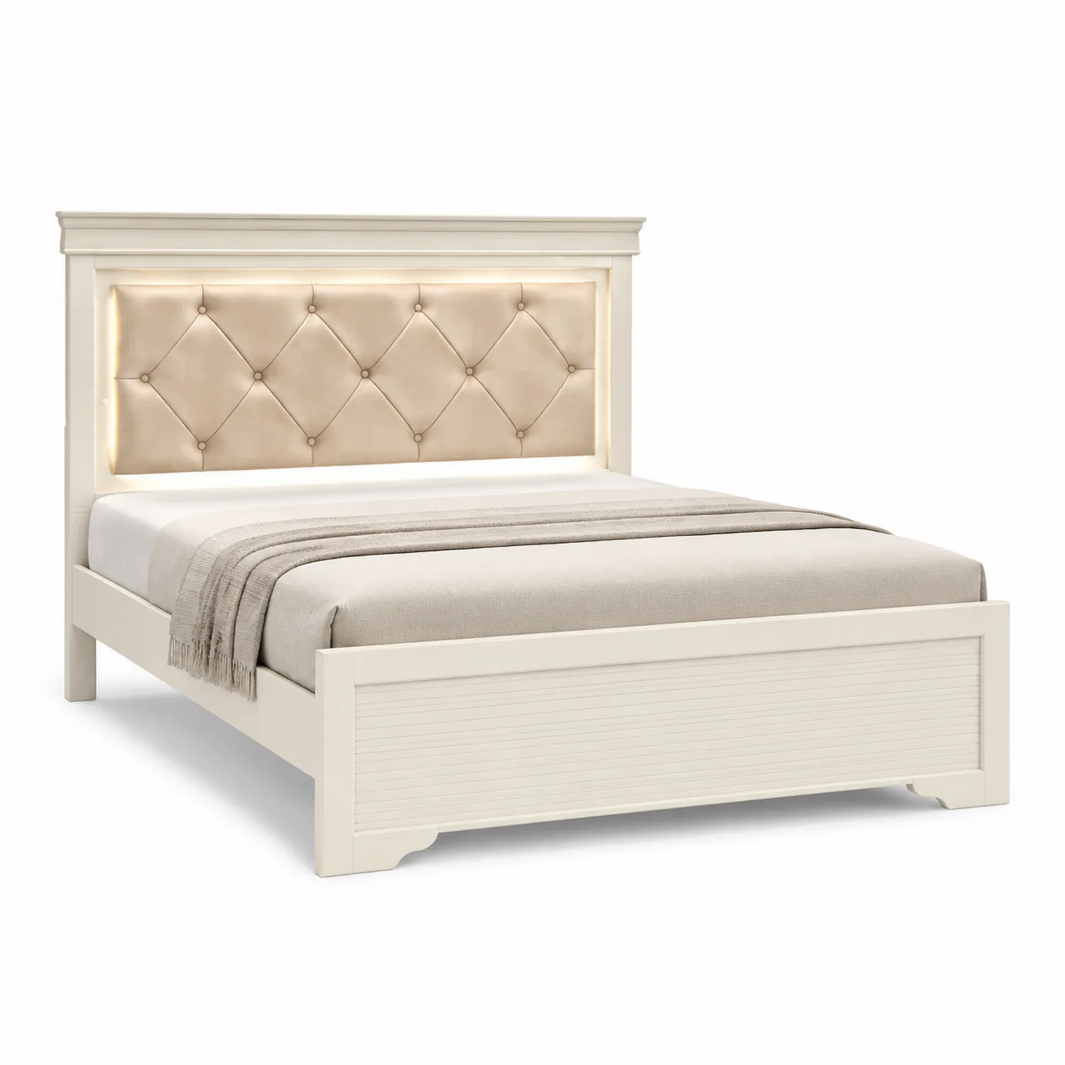 Letto matrimoniale in legno con testiera imbottita in tessuto beige-Veltidorin