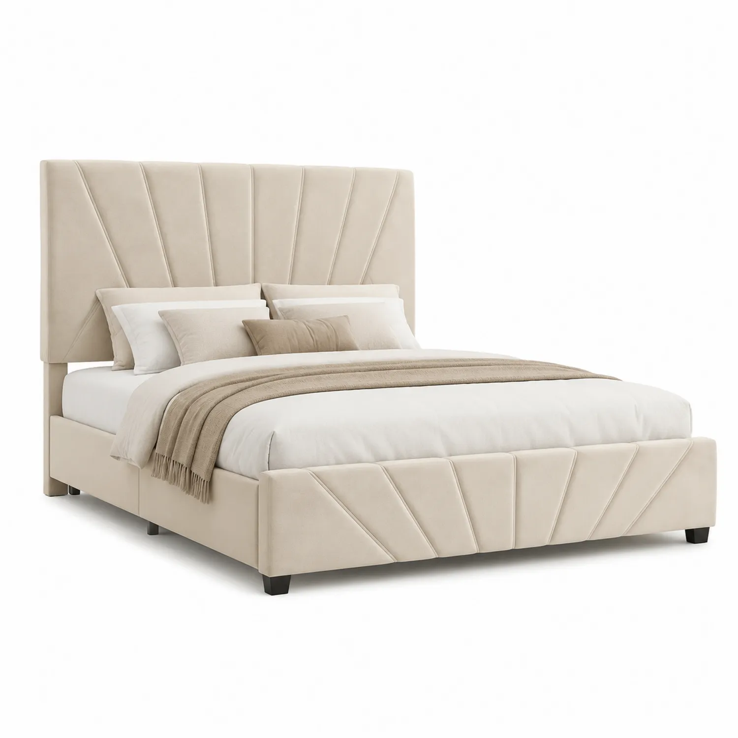 Letto matrimoniale in velluto beige con struttura in legno-Veltidorin