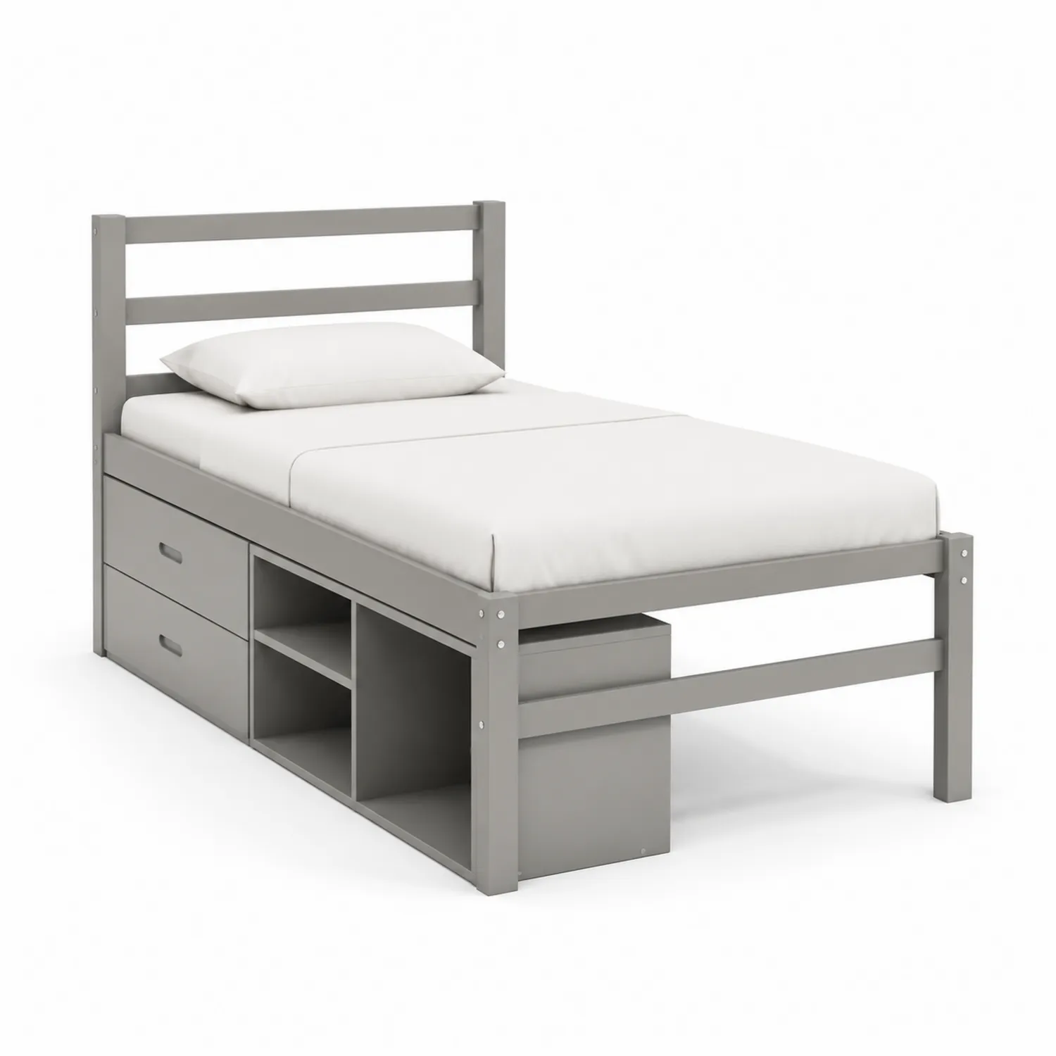 Letto Singolo in Legno MDF Grigio con Cassetti e Scaffali-Veltidorin