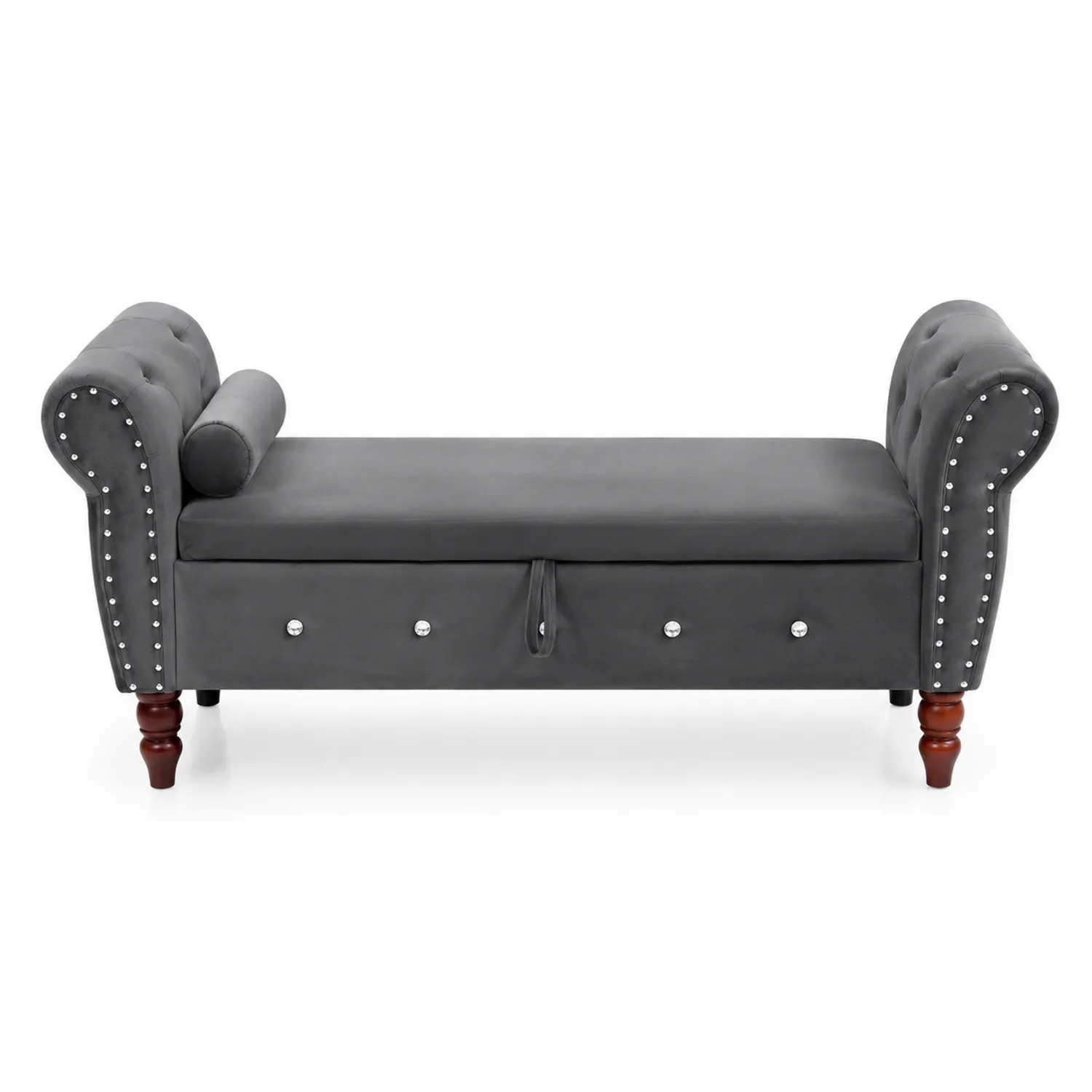 Chaise longue in velluto grigio con braccioli e piedini in legno-Veltidorin