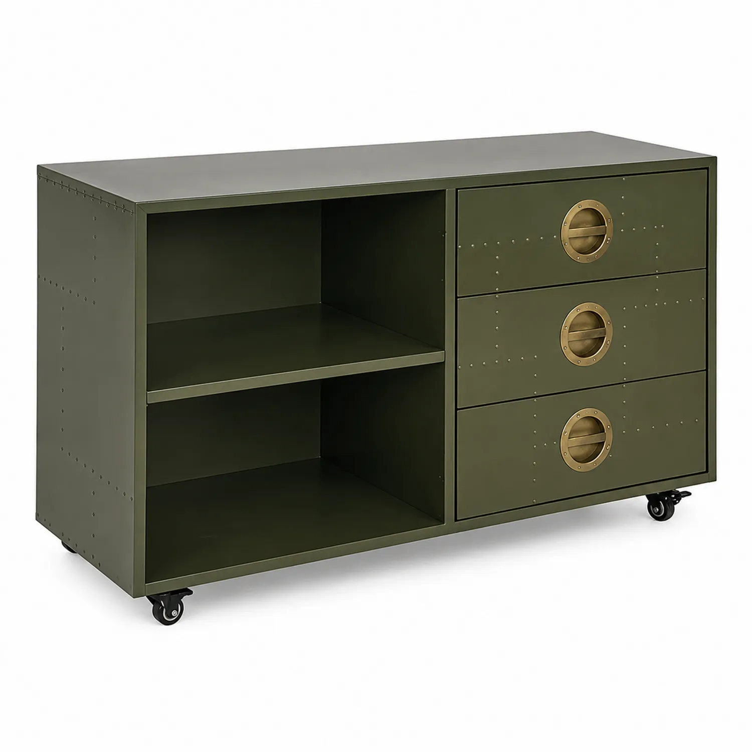 Credenza in Metallo Verde con Ruote e Maniglie in Ottone 120x40x70 cm-Veltidorin
