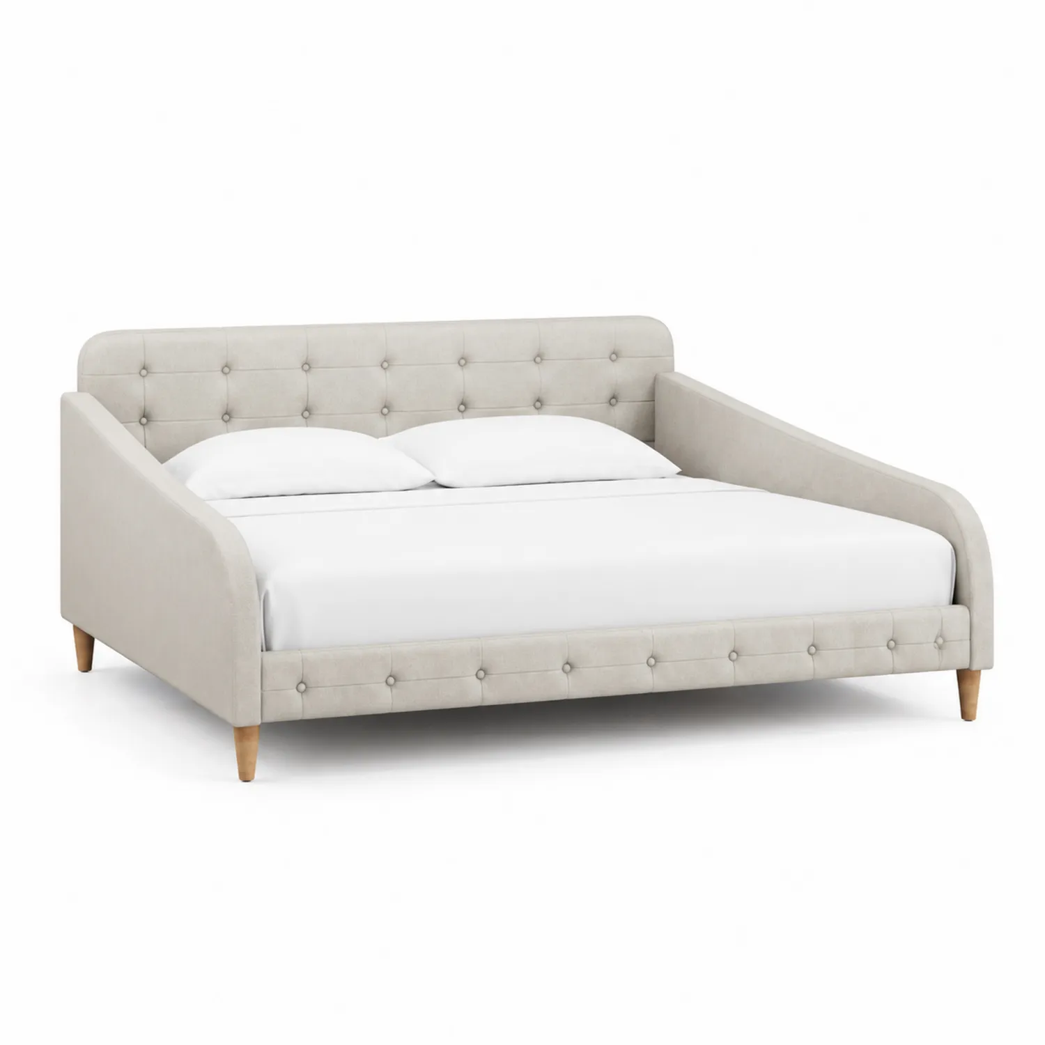 Letto matrimoniale in tessuto poliestere beige con gambe in legno di faggio-Veltidorin