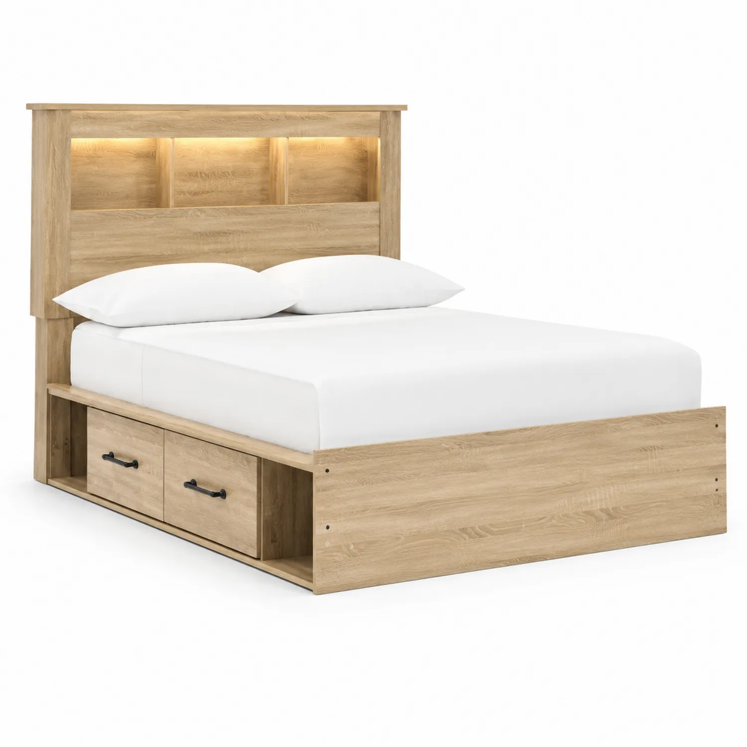 Letto matrimoniale in legno rovere con testiera illuminata e cassetti storage-Veltidorin
