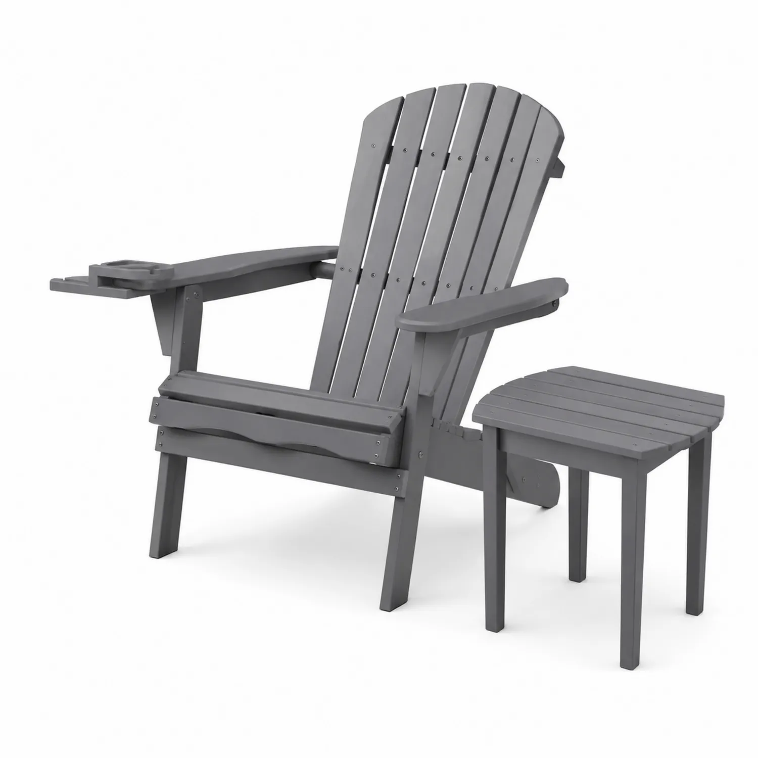 Set Sedia Adirondack con Tavolo e Porta Bevande in Legno di Pino Grigio-Veltidorin