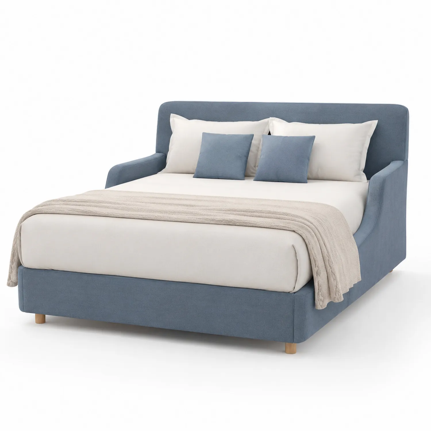 Letto matrimoniale imbottito in tessuto blu e crema con cuscini-Veltidorin