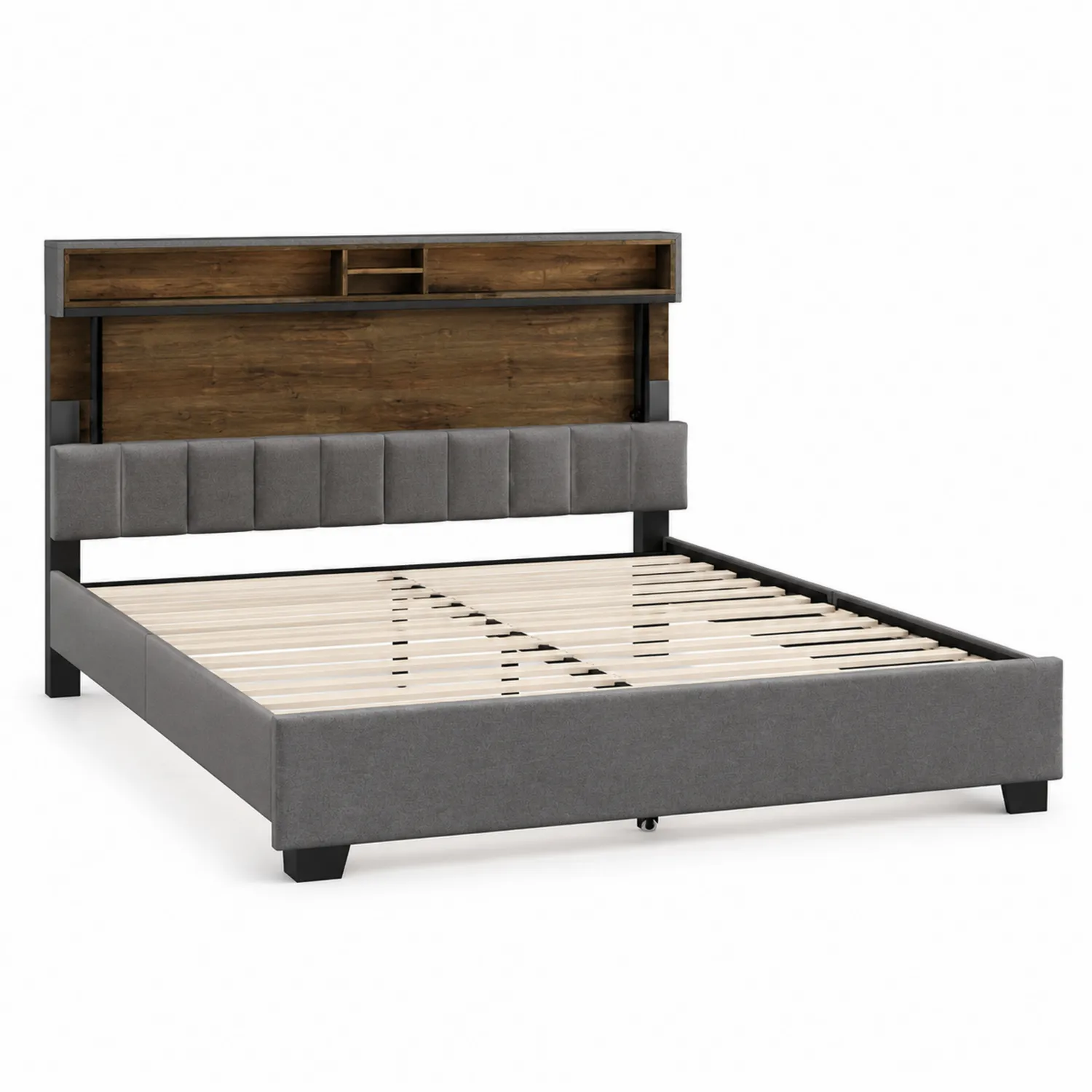 Letto matrimoniale con libreria, legno multistrato e tessuto grigio 160x200 cm-Veltidorin