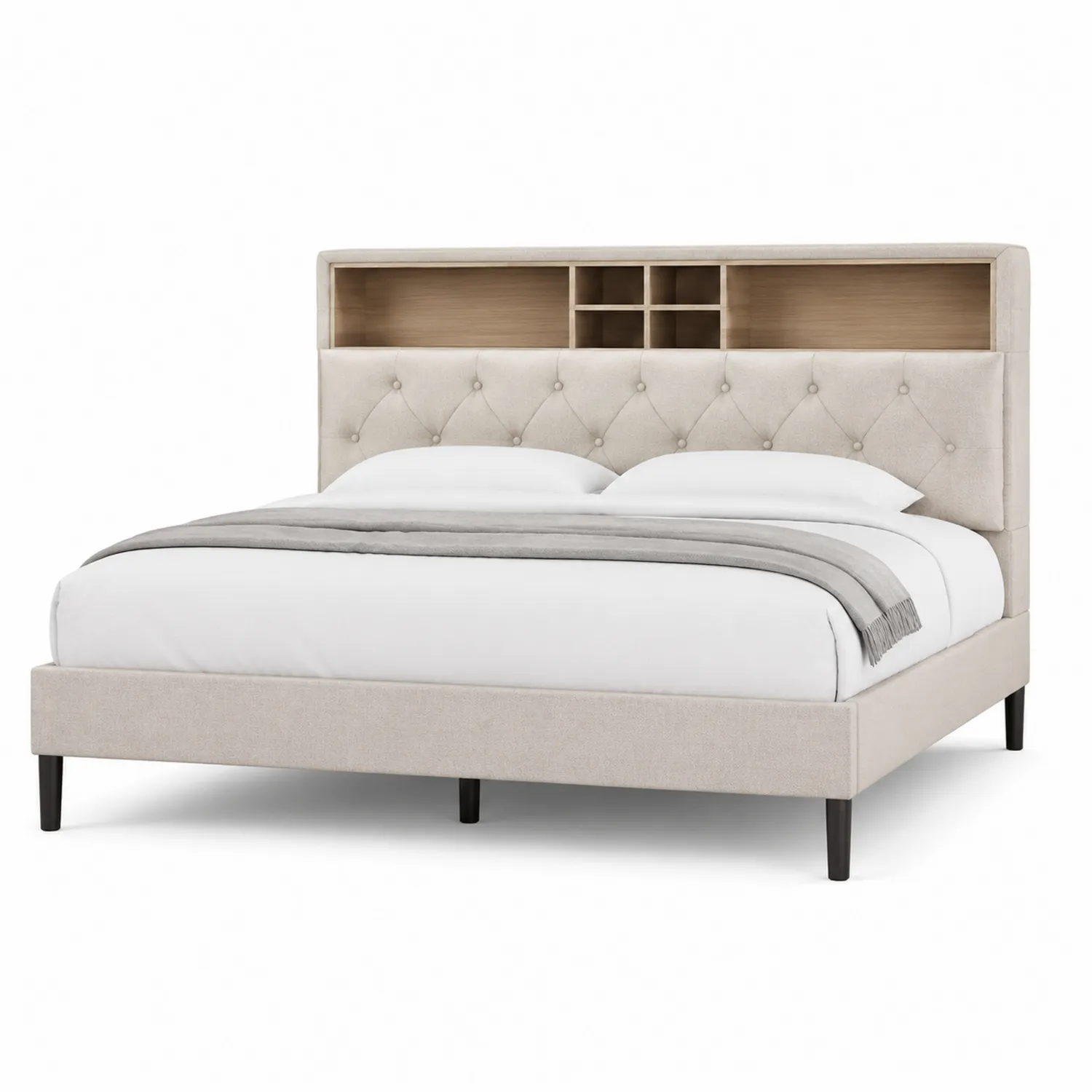 Letto matrimoniale con testiera scaffalato in legno di quercia e tessuto beige-Veltidorin