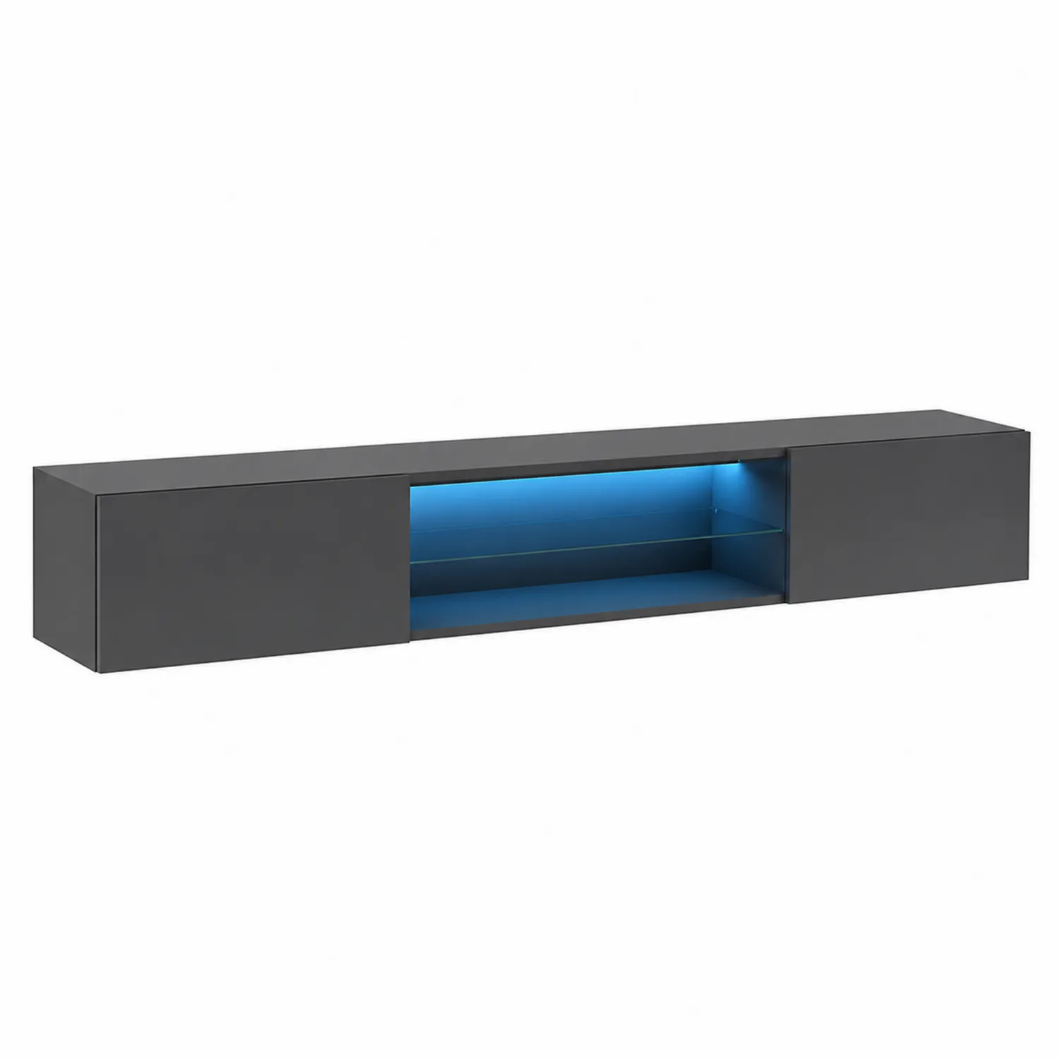 Mobile TV sospeso in truciolato nero con ripiani in vetro temperato e LED blu-Veltidorin