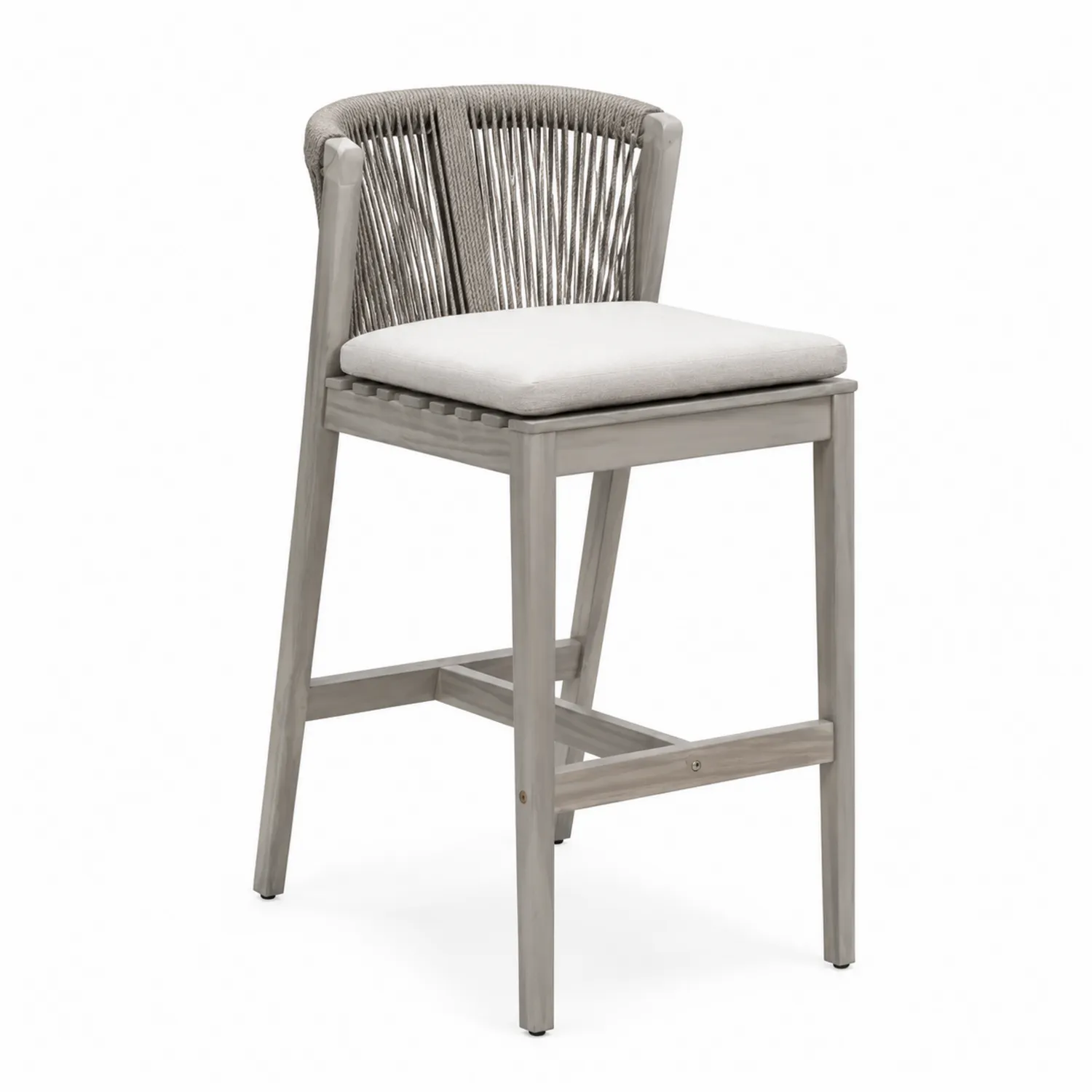Sgabello in alluminio grigio con schienale in corda e cuscino in poliestere crema-Veltidorin
