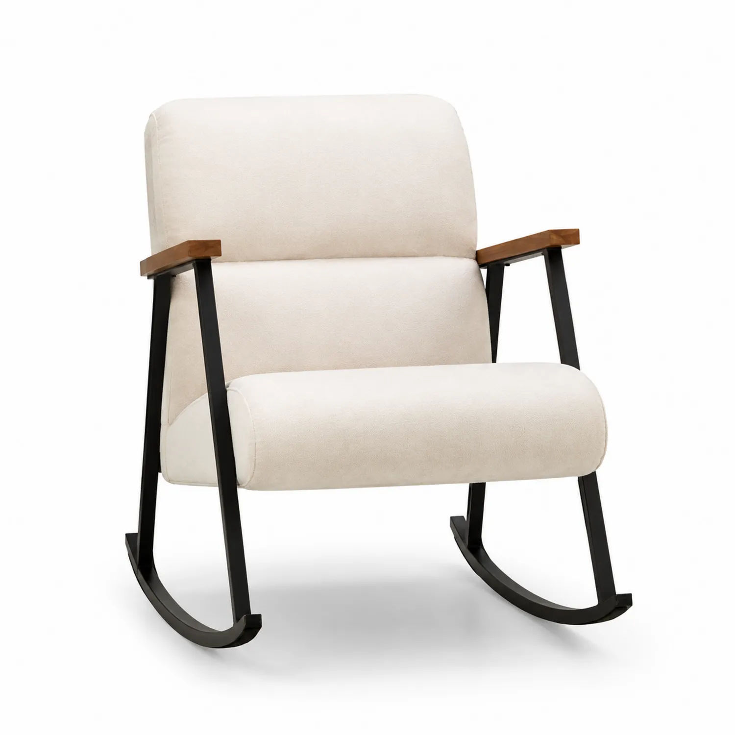 Sedia a dondolo in metallo e legno con rivestimento in tessuto beige-Veltidorin