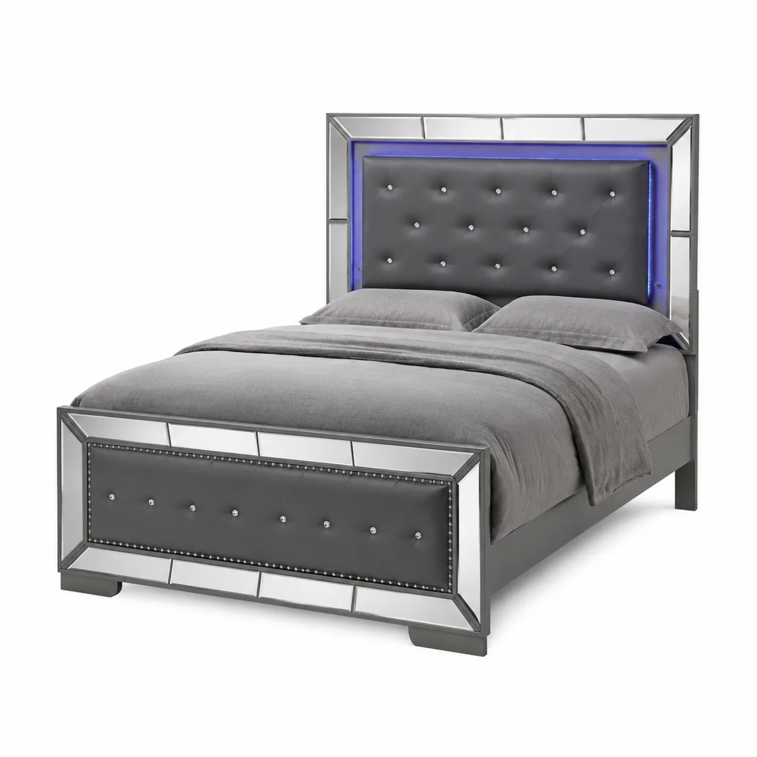 Letto Matrimoniale Imbottito con Cornice Specchiata e LED-Veltidorin