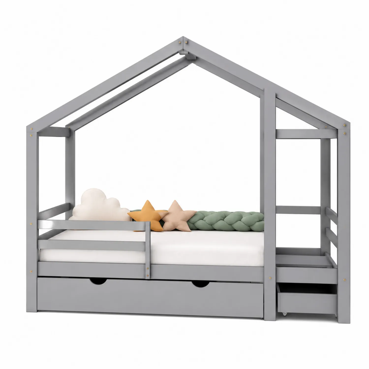 Letto a forma di casetta in legno con cassetto e cuscini decorativi-Veltidorin