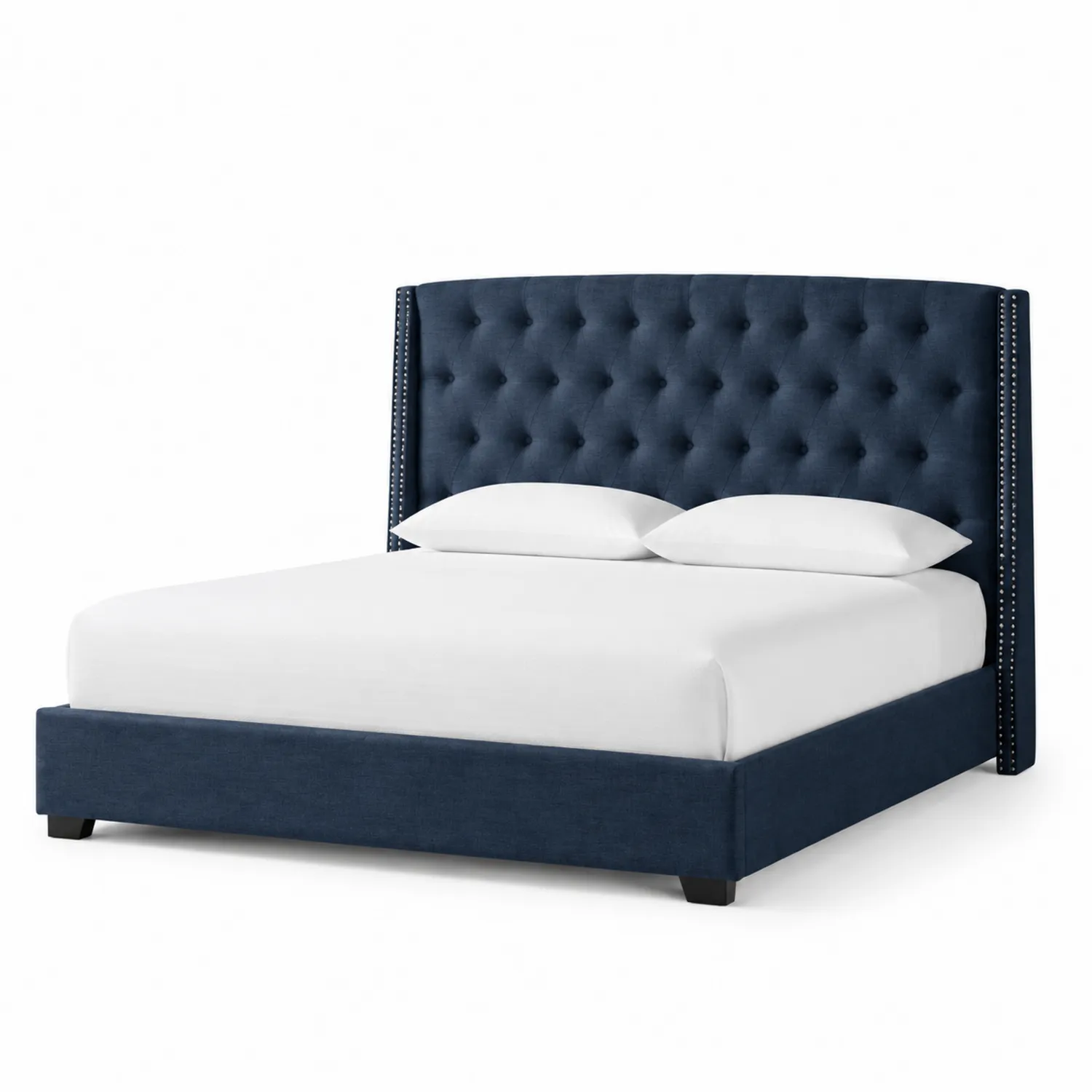 Letto matrimoniale blu in tessuto imbottito con cuscini-Veltidorin