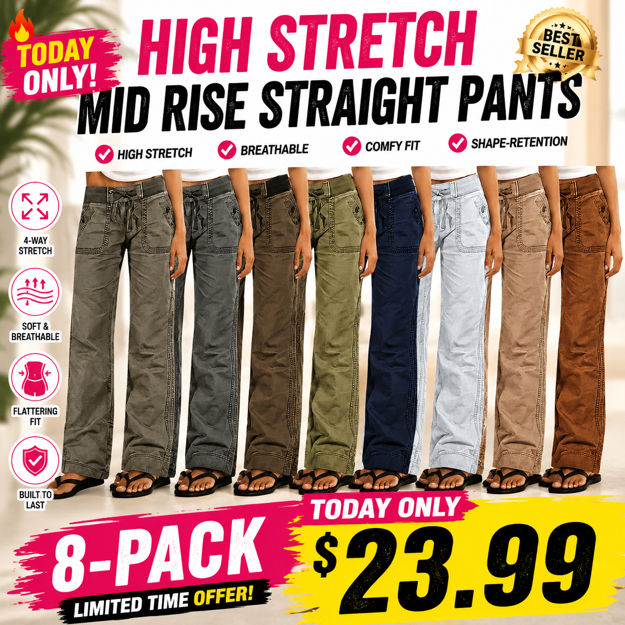 ⏰ 24-HOUR FLASH DEAL – Women's Mid-Rise Straight Pants, High-Stretch, 8-Pack Bundle
