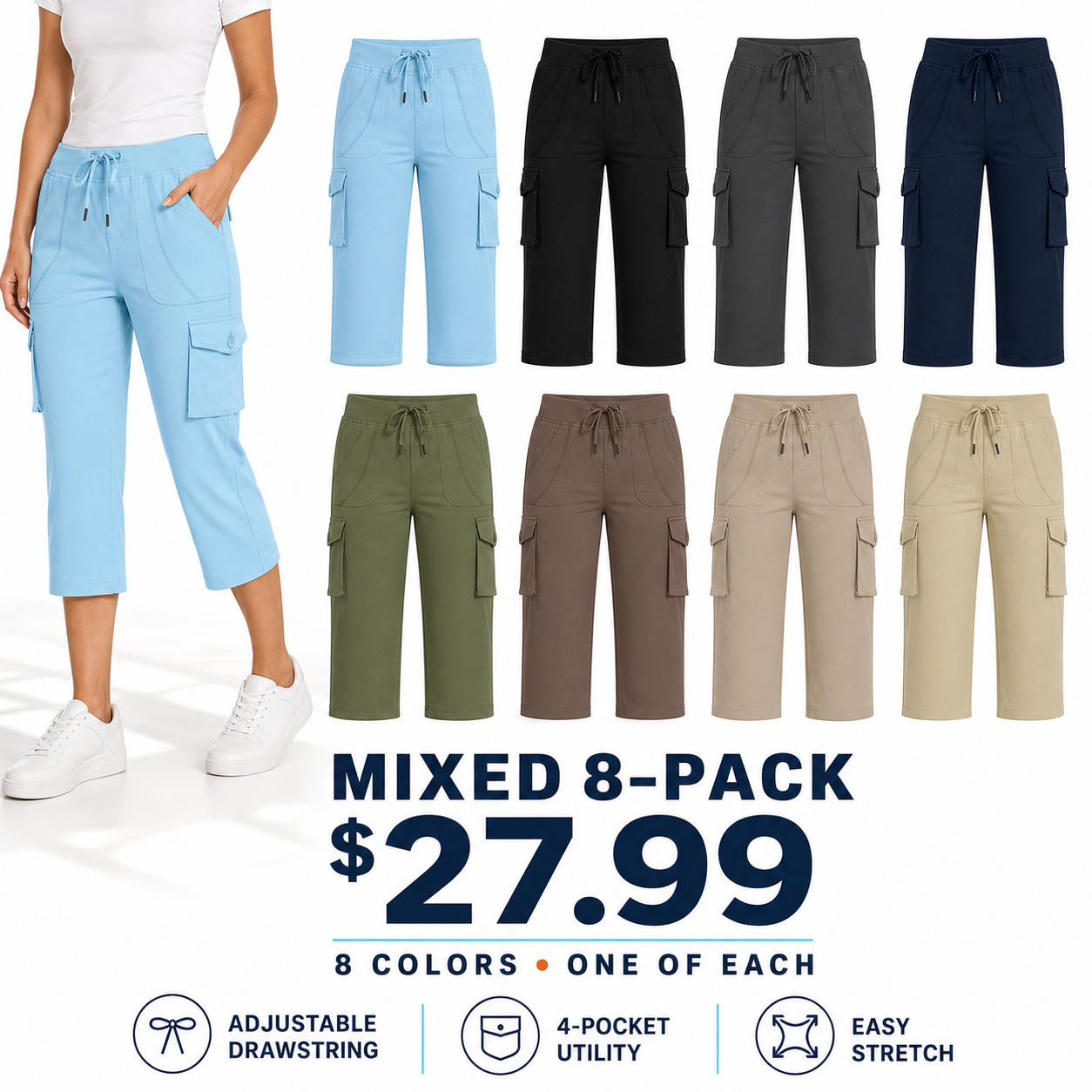 Mixed 8-Pack women's cargo capri pants bundle
