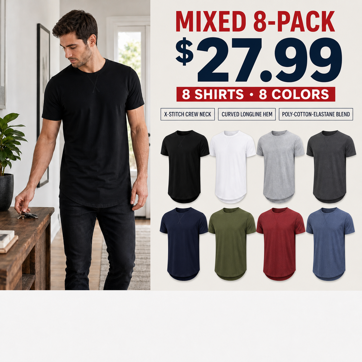 Mixed 8-Pack men's longline X-stitch crew-neck T-shirts