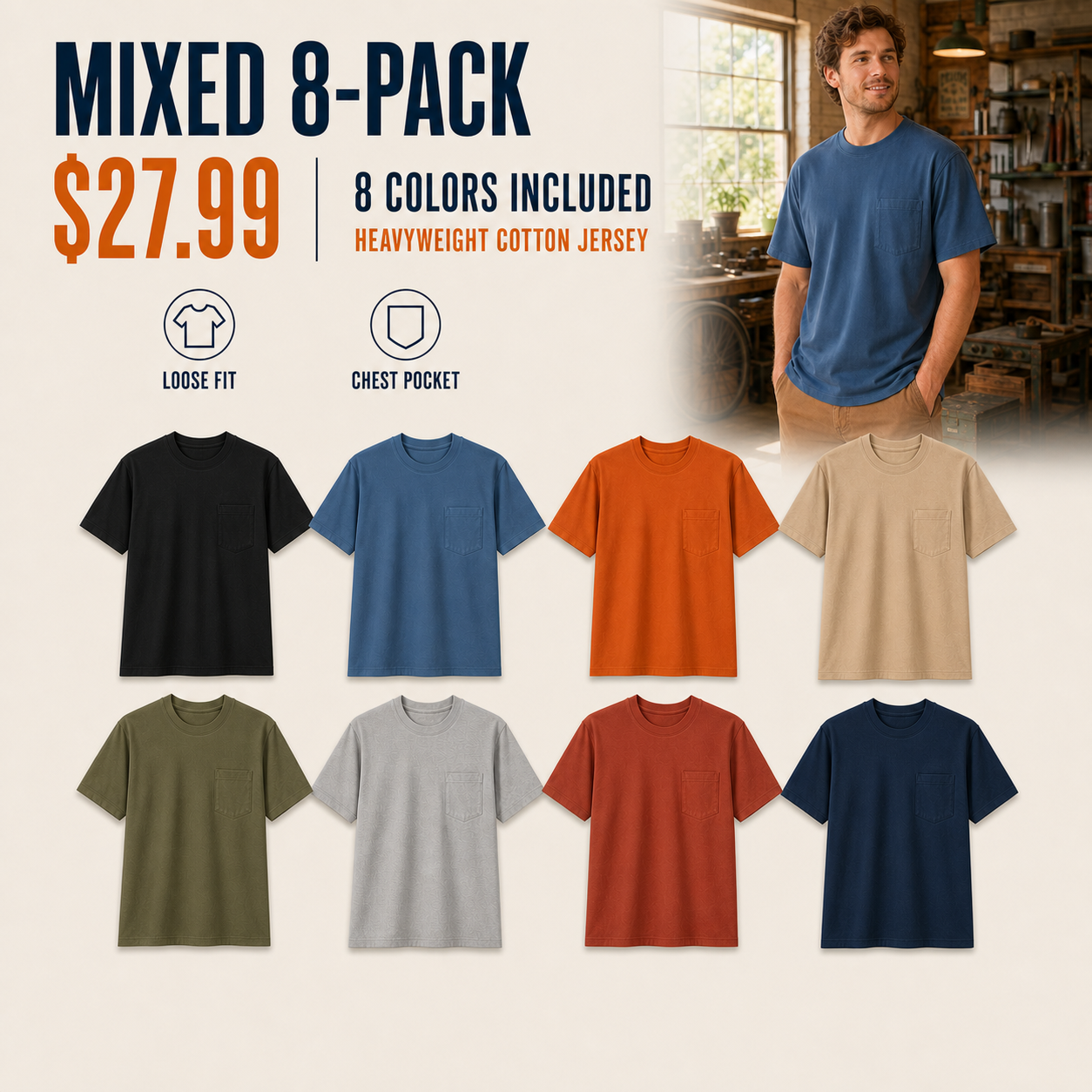 Mixed 8-Pack offer with eight heavyweight pocket T-shirt colors