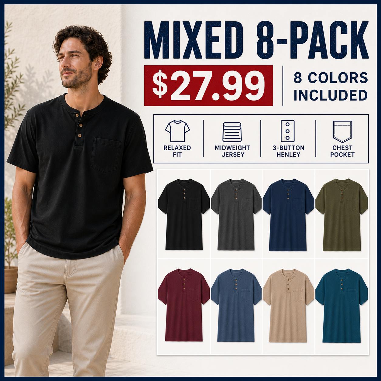 Mixed 8-Pack pocket Henley with eight colors