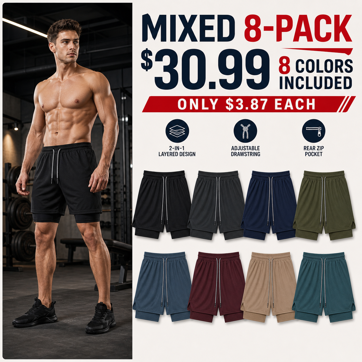 Mixed 8-Pack plain 2-in-1 athletic shorts in eight colors