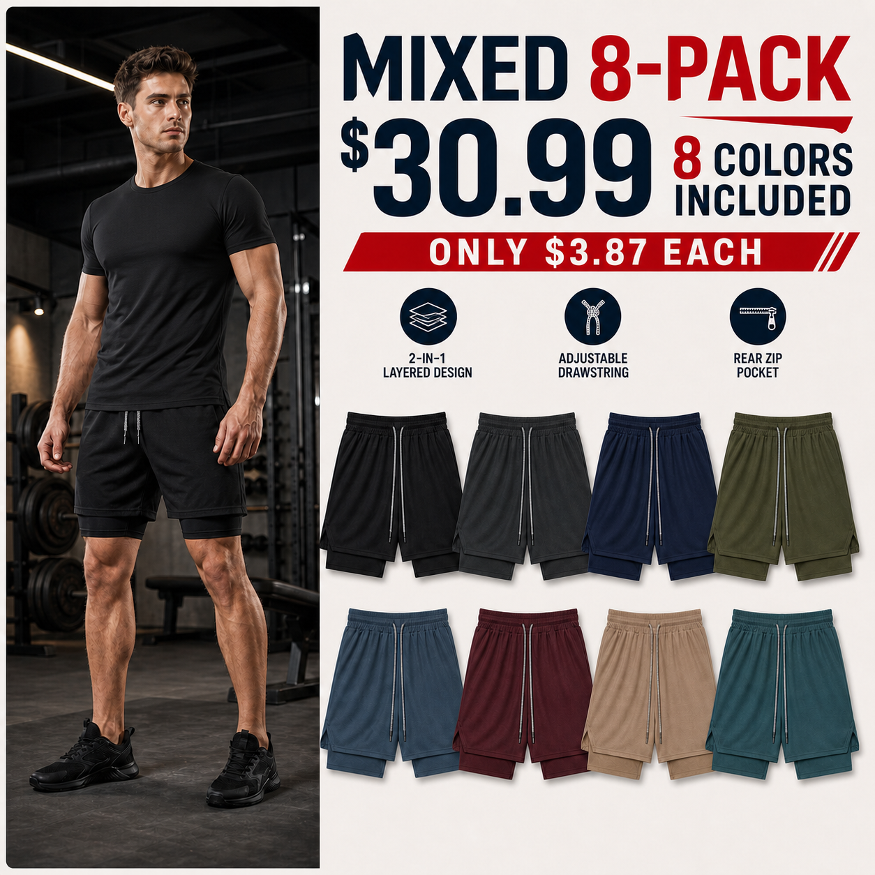 Mixed 8-Pack plain 2-in-1 athletic shorts in eight colors