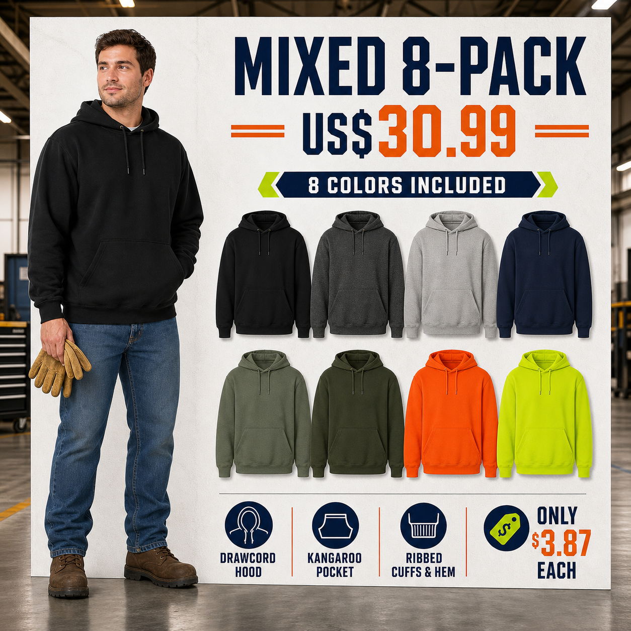 Mixed 8-Pack of eight brandless men's loose-fit midweight pullover hoodies