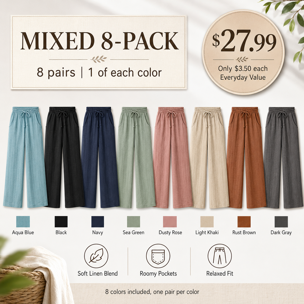 Women's linen wide leg pants multipack