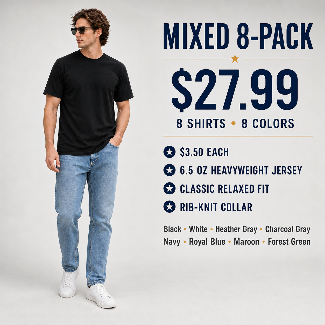 Male model wearing the black heavyweight classic-fit crew-neck T-shirt for the Mixed 8-Pack offer