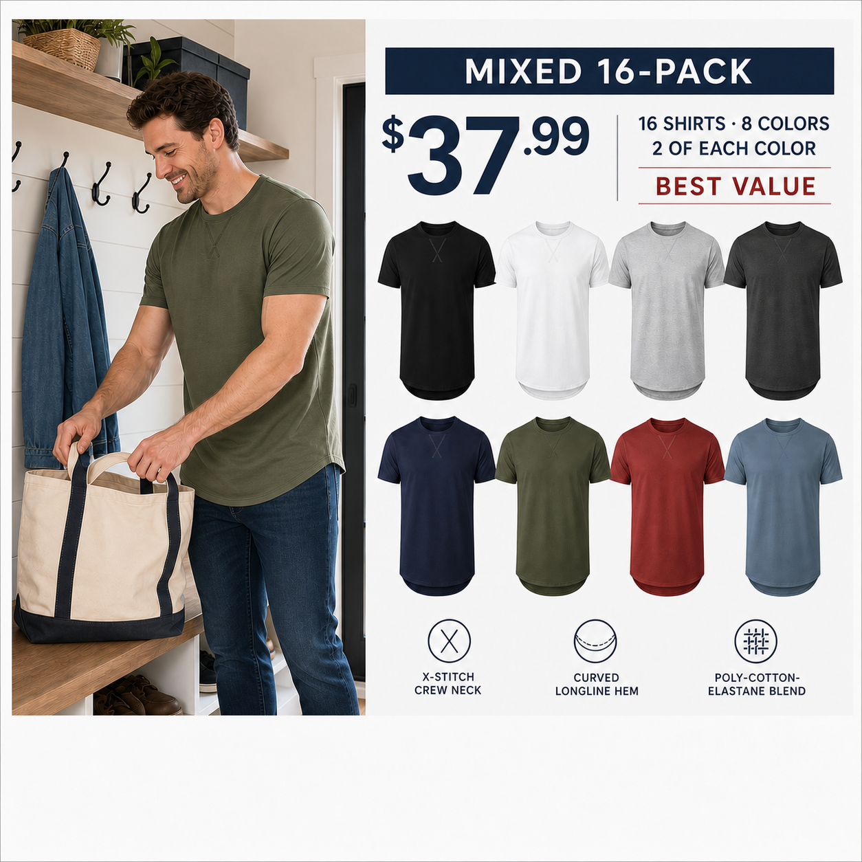 Mixed 16-Pack men's longline X-stitch crew-neck T-shirts