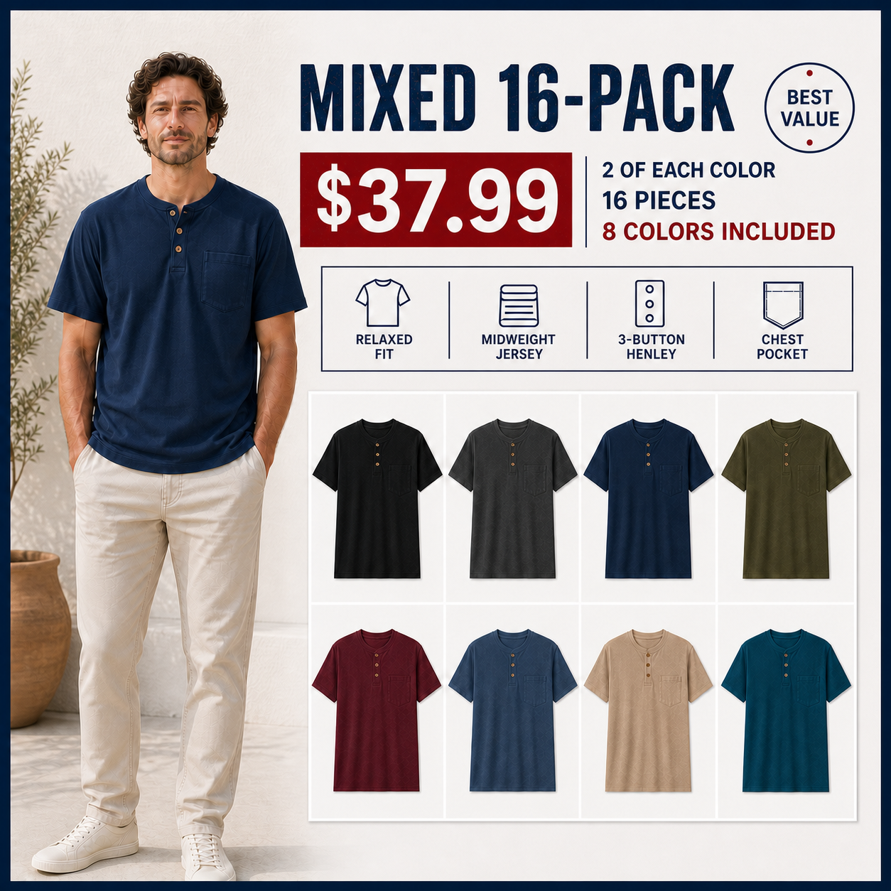 Mixed 16-Pack pocket Henley with two of each color