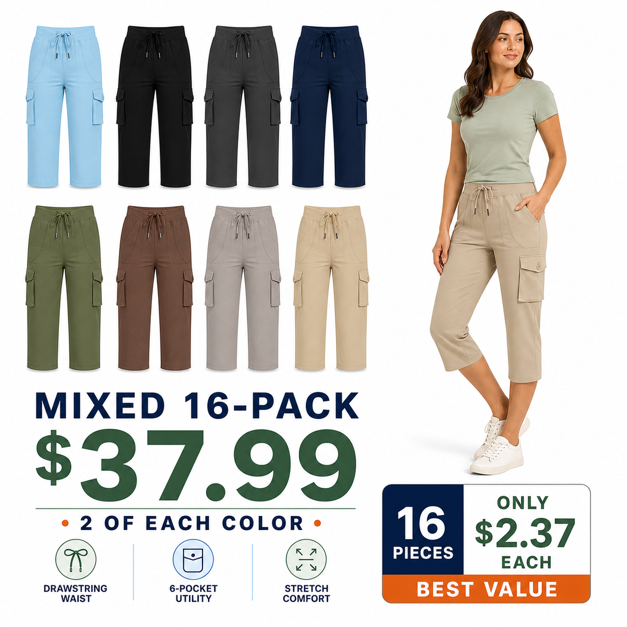 Mixed 16-Pack women's cargo capri pants bundle