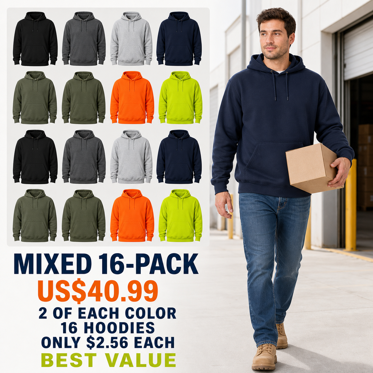Mixed 16-Pack with two of each brandless pullover hoodie color