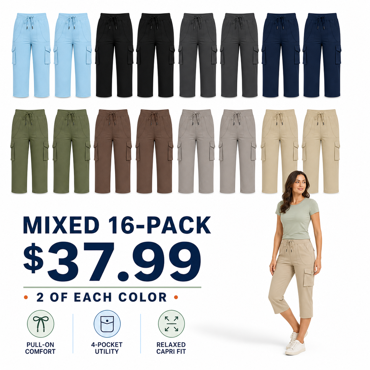 Mixed 16-Pack women's cargo capri pants bundle