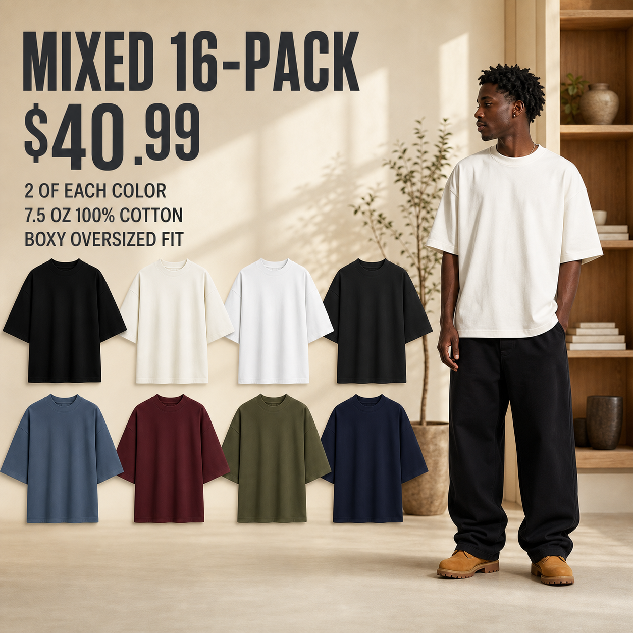 Mixed 16-Pack heavyweight oversized cotton T-shirts in eight colors, two of each color