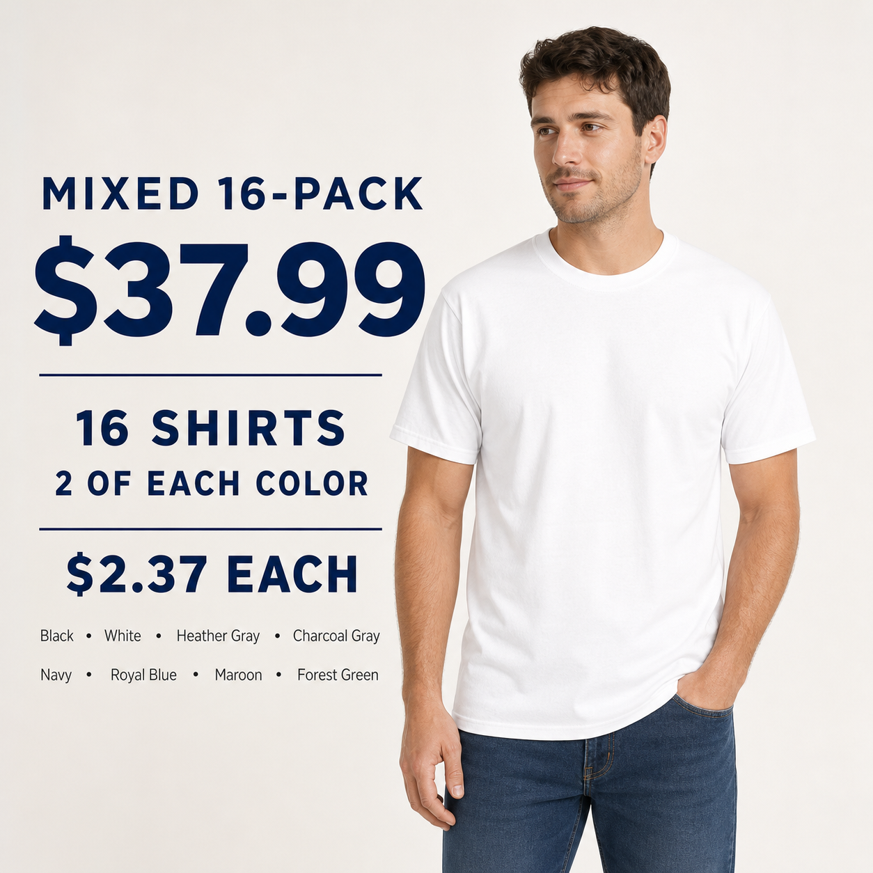 Male model wearing the white heavyweight classic-fit crew-neck T-shirt for the Mixed 16-Pack offer