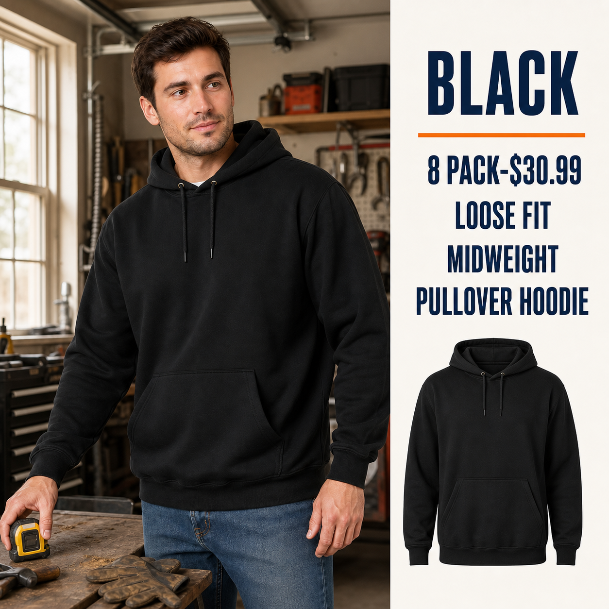 Black men's loose-fit midweight pullover hoodie in a garage work scene