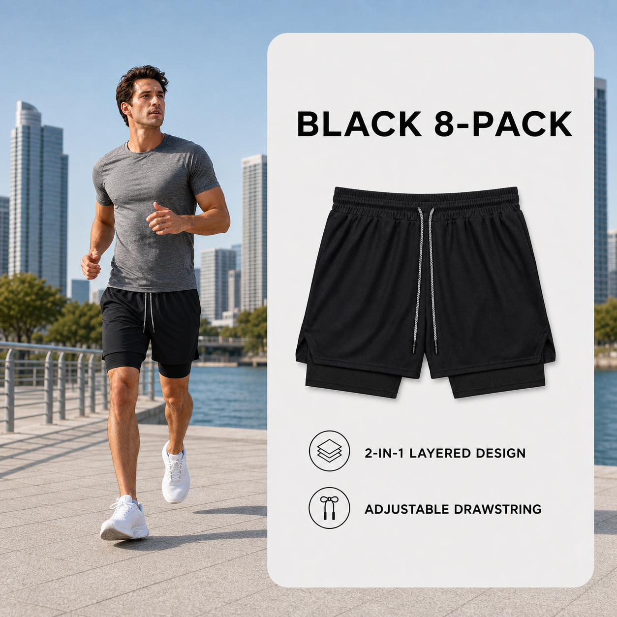 Black plain 2-in-1 athletic shorts 8-Pack