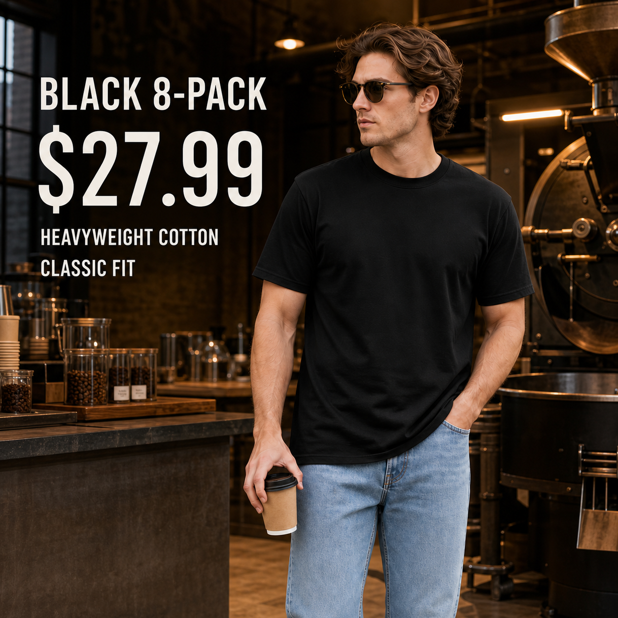 Male model wearing the Black 8-Pack heavyweight classic-fit crew-neck T-shirt