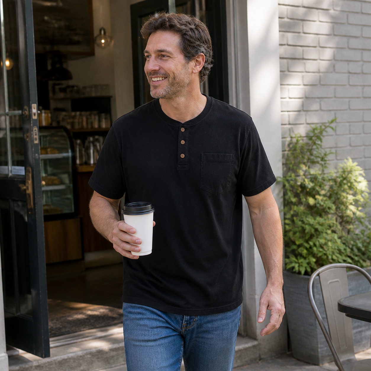 Black loose fit short sleeve pocket Henley in a natural cafe scene
