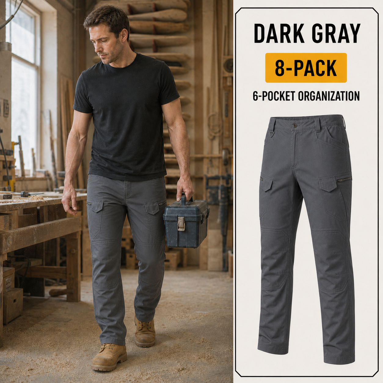 Dark Gray 8-Pack men's stretch tactical cargo pants