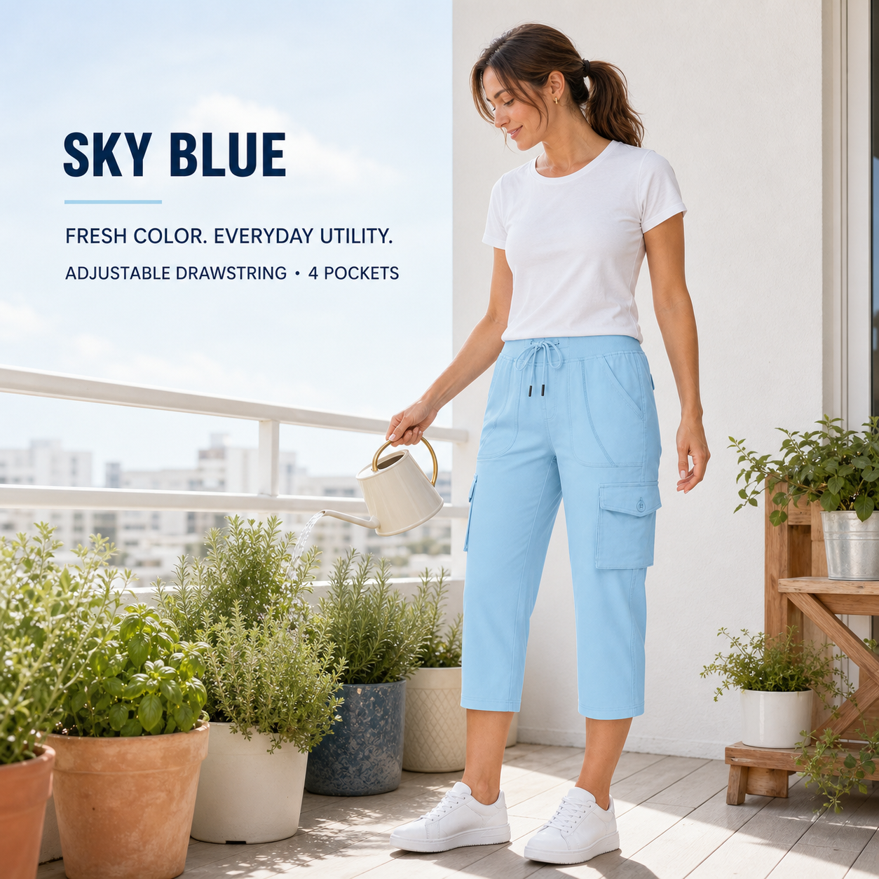Sky Blue cargo capri pants on a sunny balcony